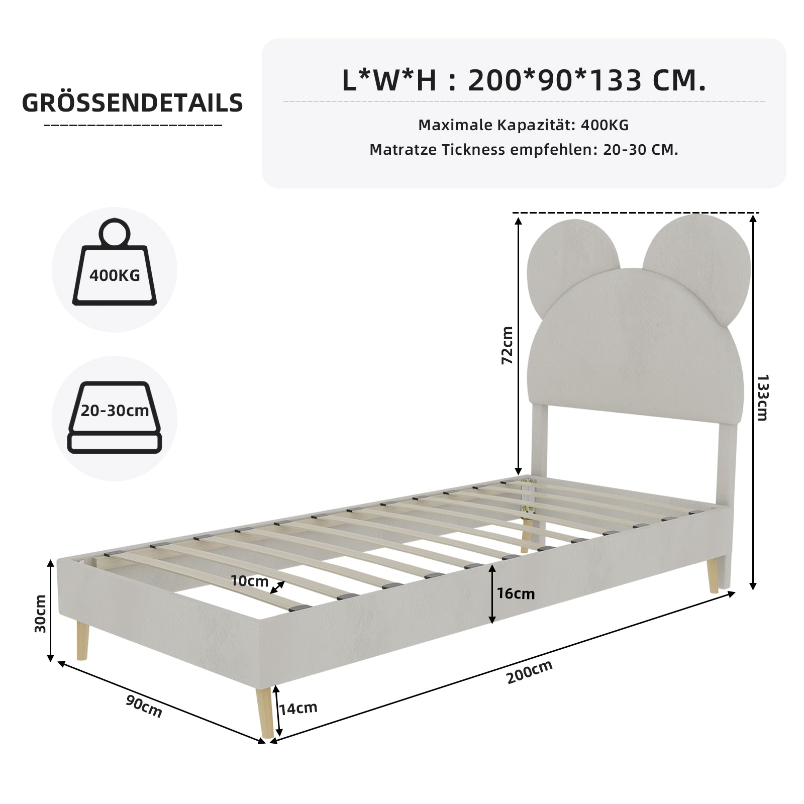 Upholstered Bed, Modern Minimalist Cartoon-Themed Headboard, 90x200 cm, Beige