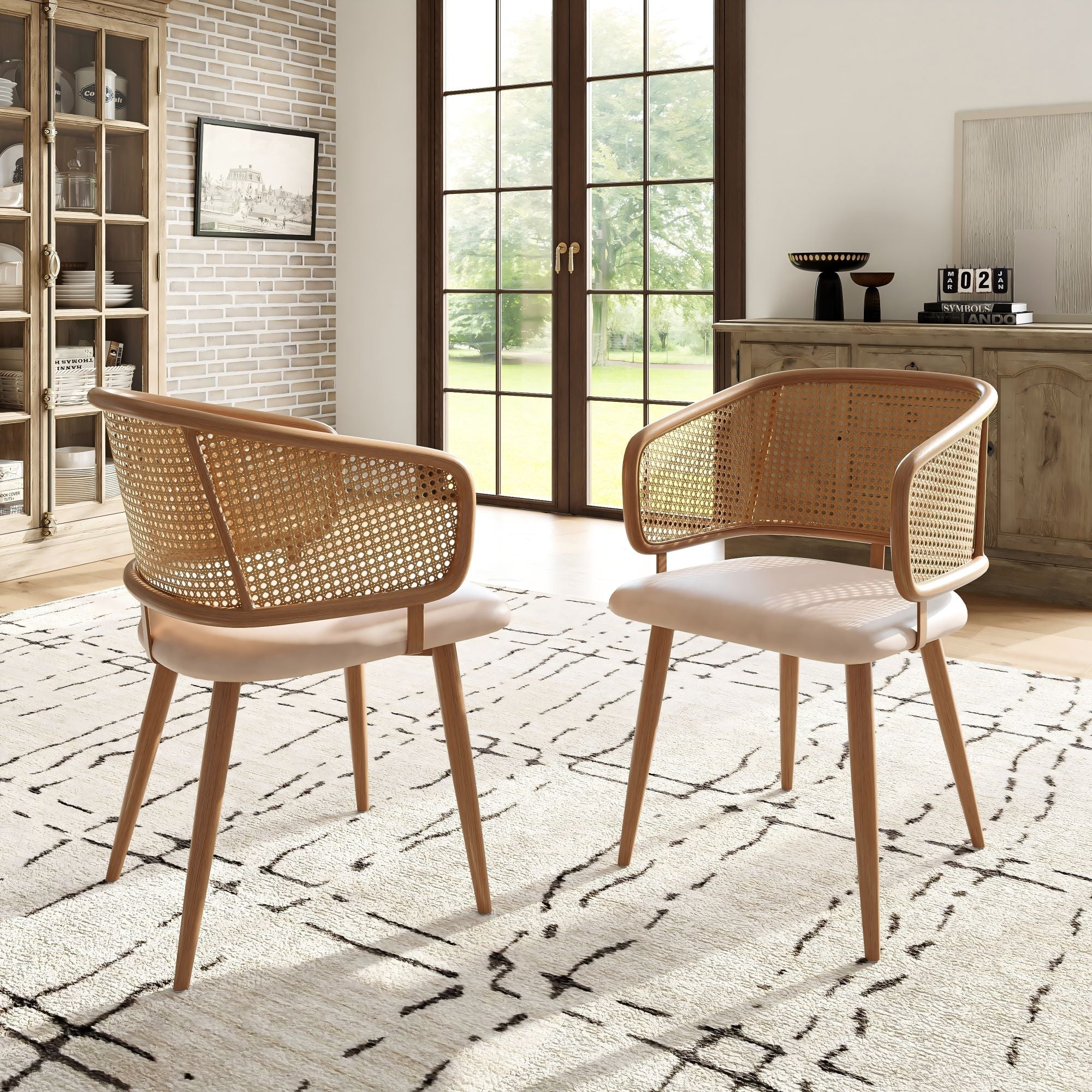 2 Dining Chairs Modern Rattan Backrest PU Leather Set