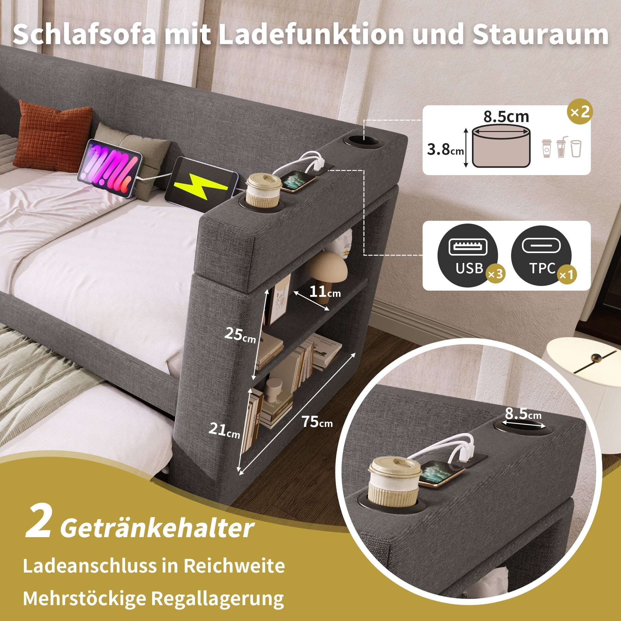 Upholstered Daybed 90x190 cm Single Bed Sofa with Pull-Out, USB/Type-C Port, Linen Blend Grey