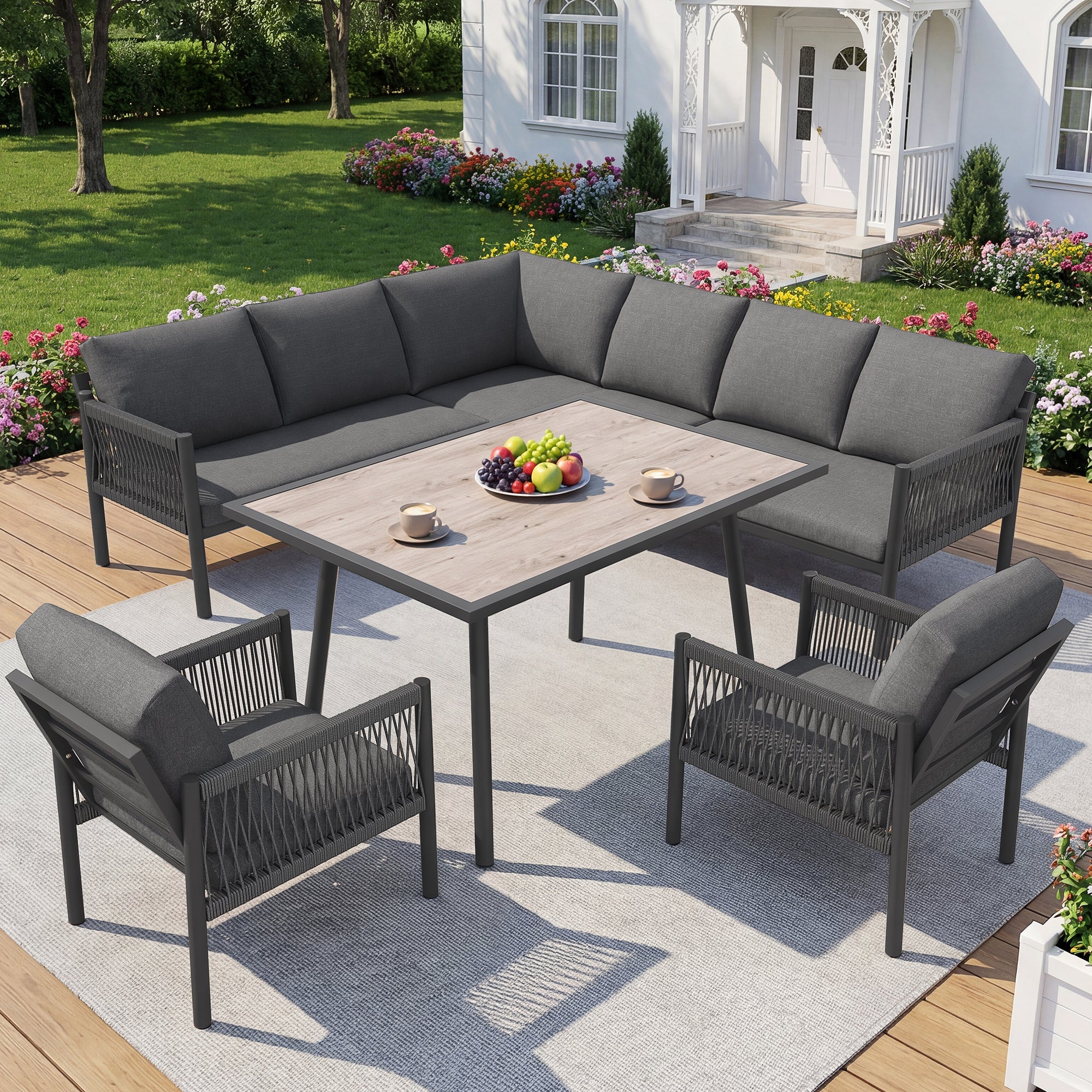 L-Shaped Garden Lounge Seating Group with Table and 2 Armchairs, Seats 7-8, Grey