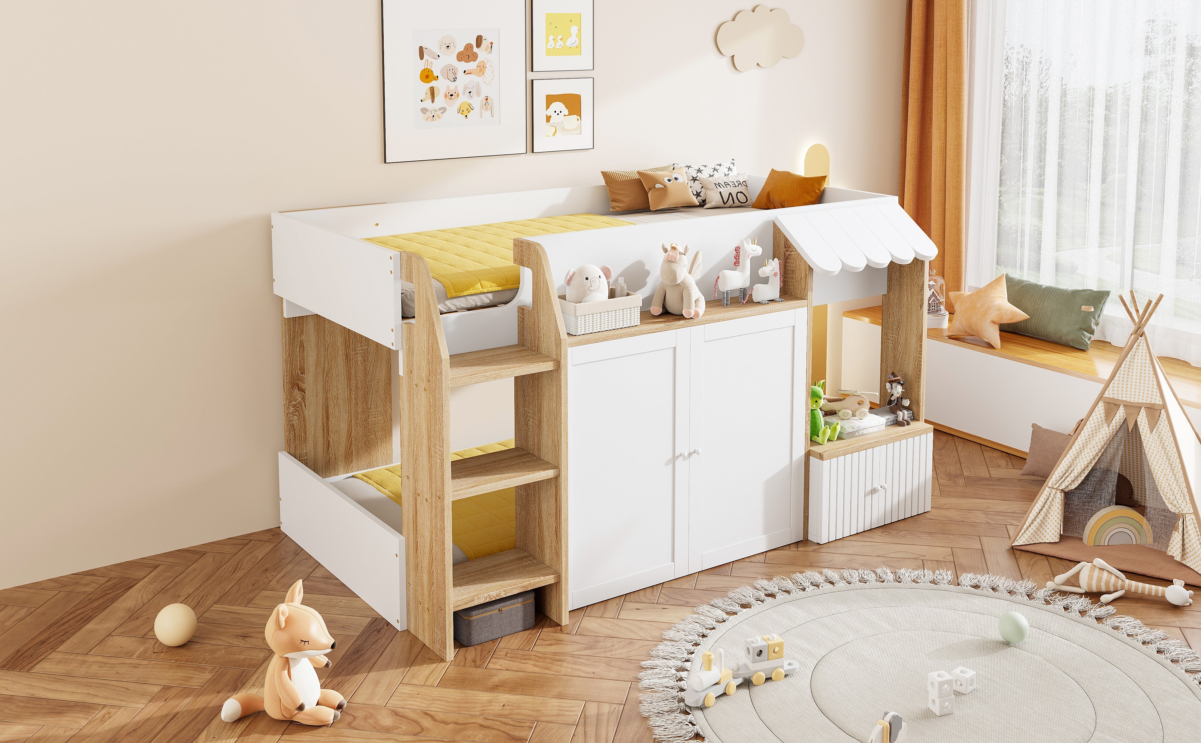 Children's House Bed 90x200 Mid-Height Storage Climbing Ladder - Solid Wood White/Natural