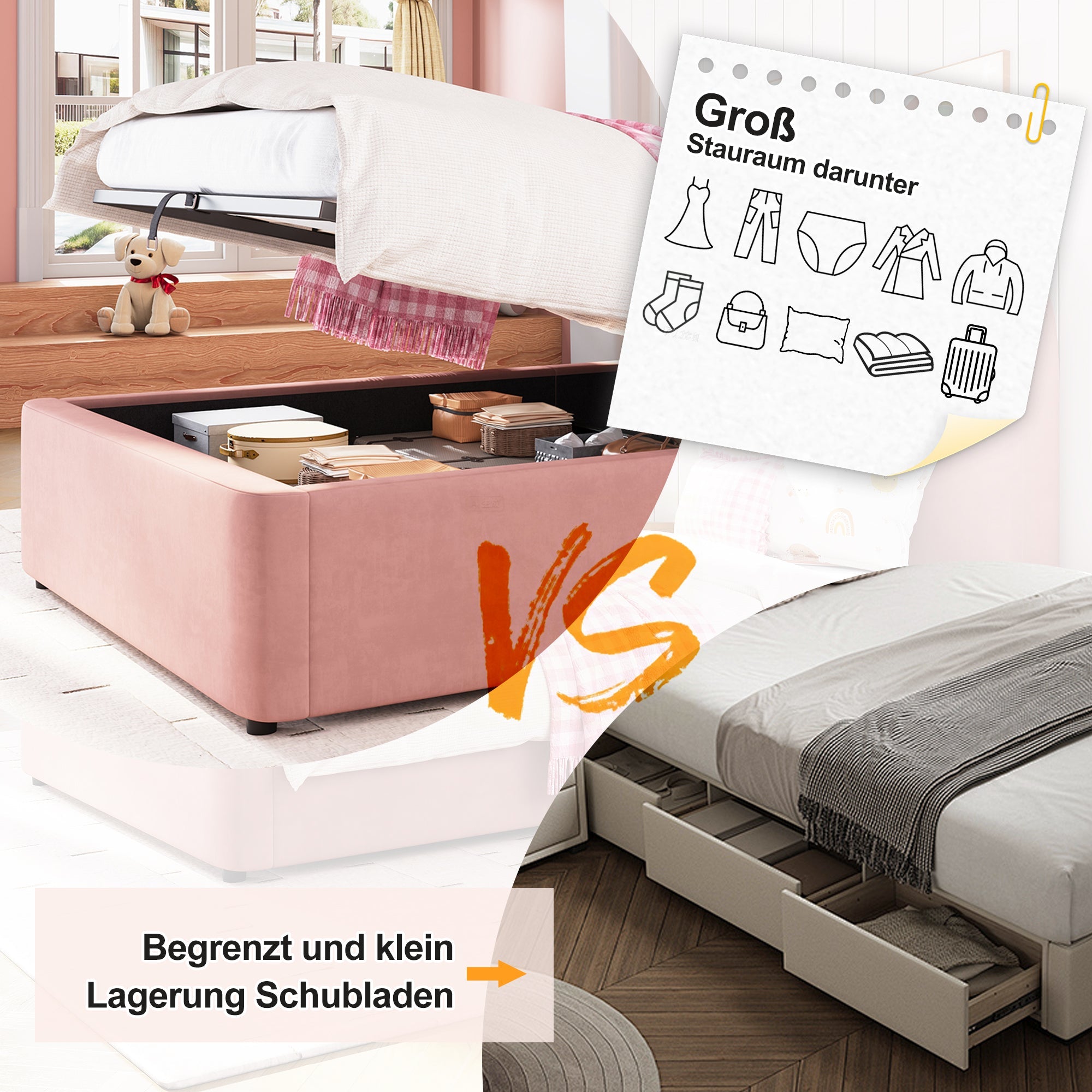 Upholstered Bed 90x200cm Hydraulic Storage Headboard, Velvet Pink