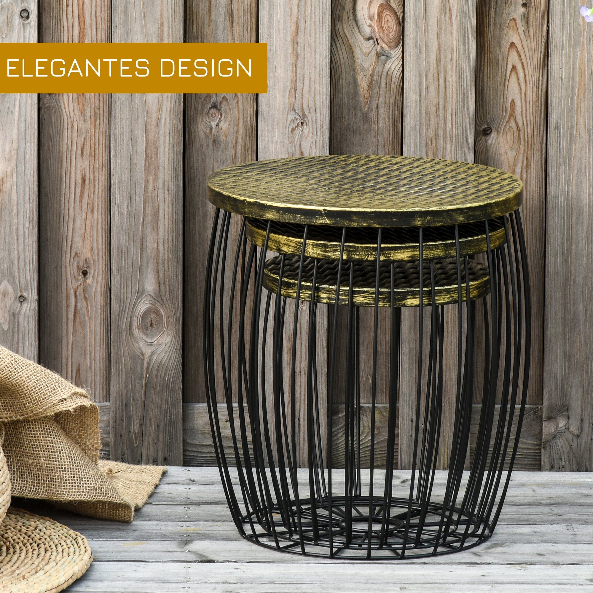Side tables, Set of 3 Retro Style Metal Basket, Natural and Black