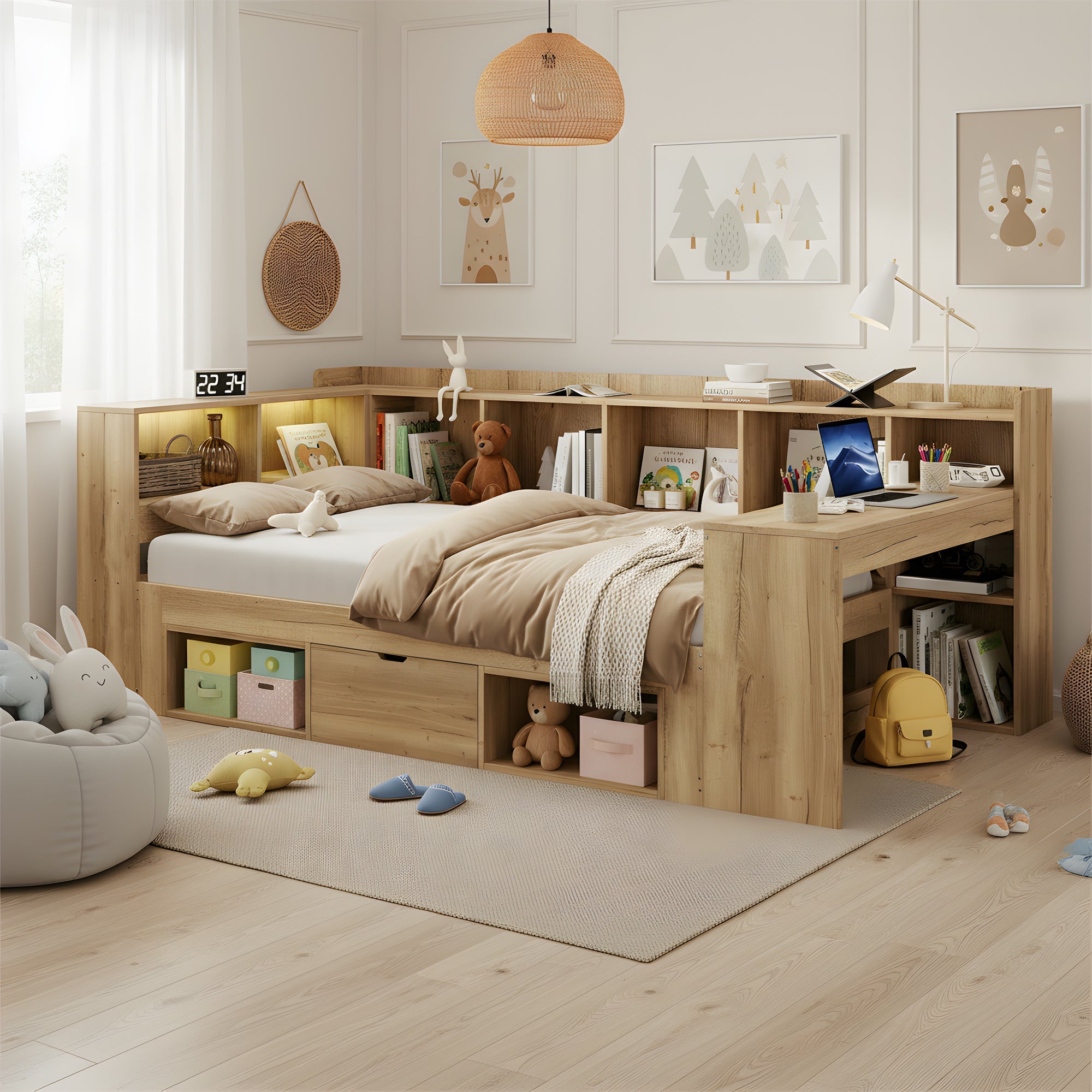 L-Shaped Wooden Platform Bed with LED, USB, Desk, Shelves and Drawers, 90x200cm, Natural Color