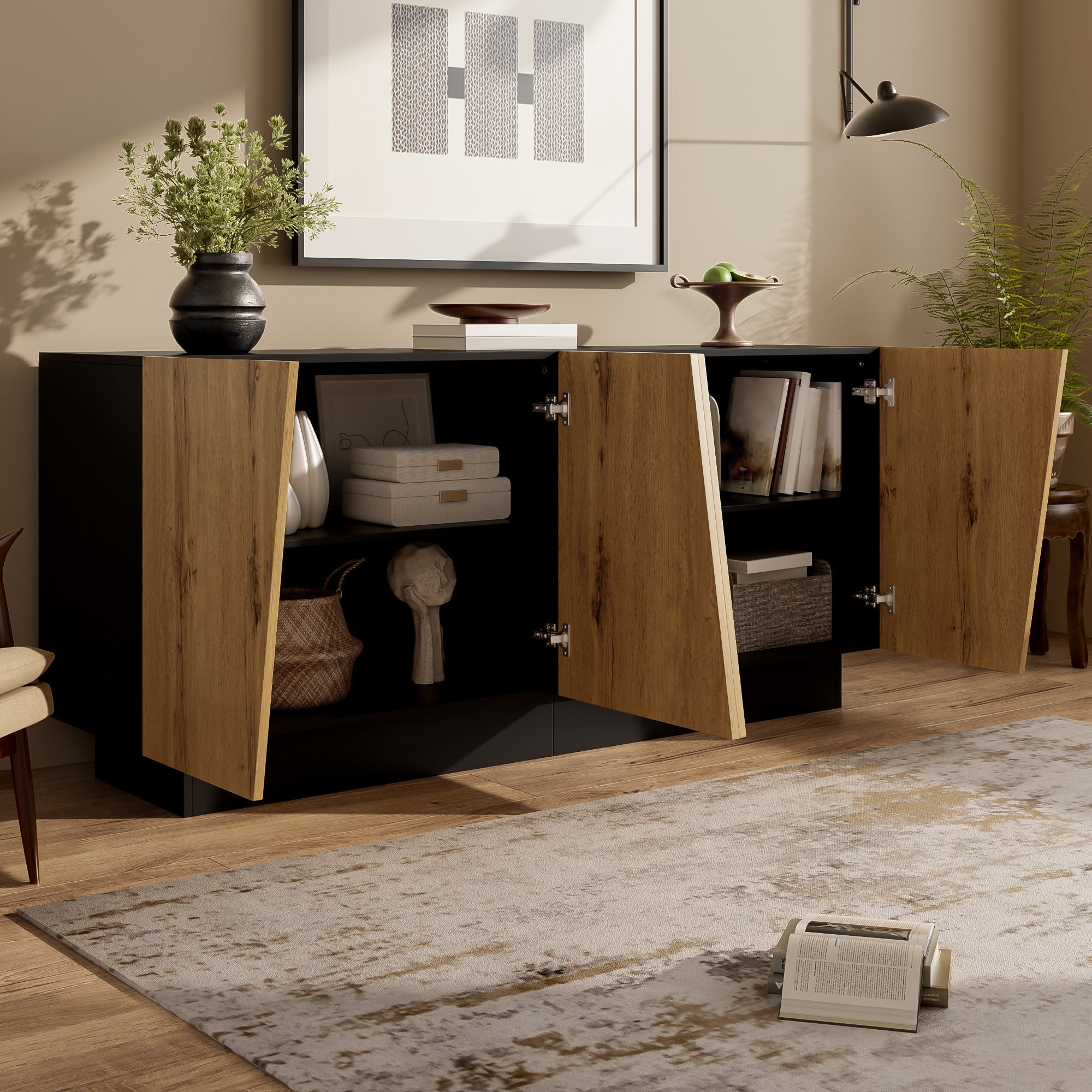 Sideboard 160cm Ample Storage Geometric Design Adjustable Shelf Black/Wood Particleboard