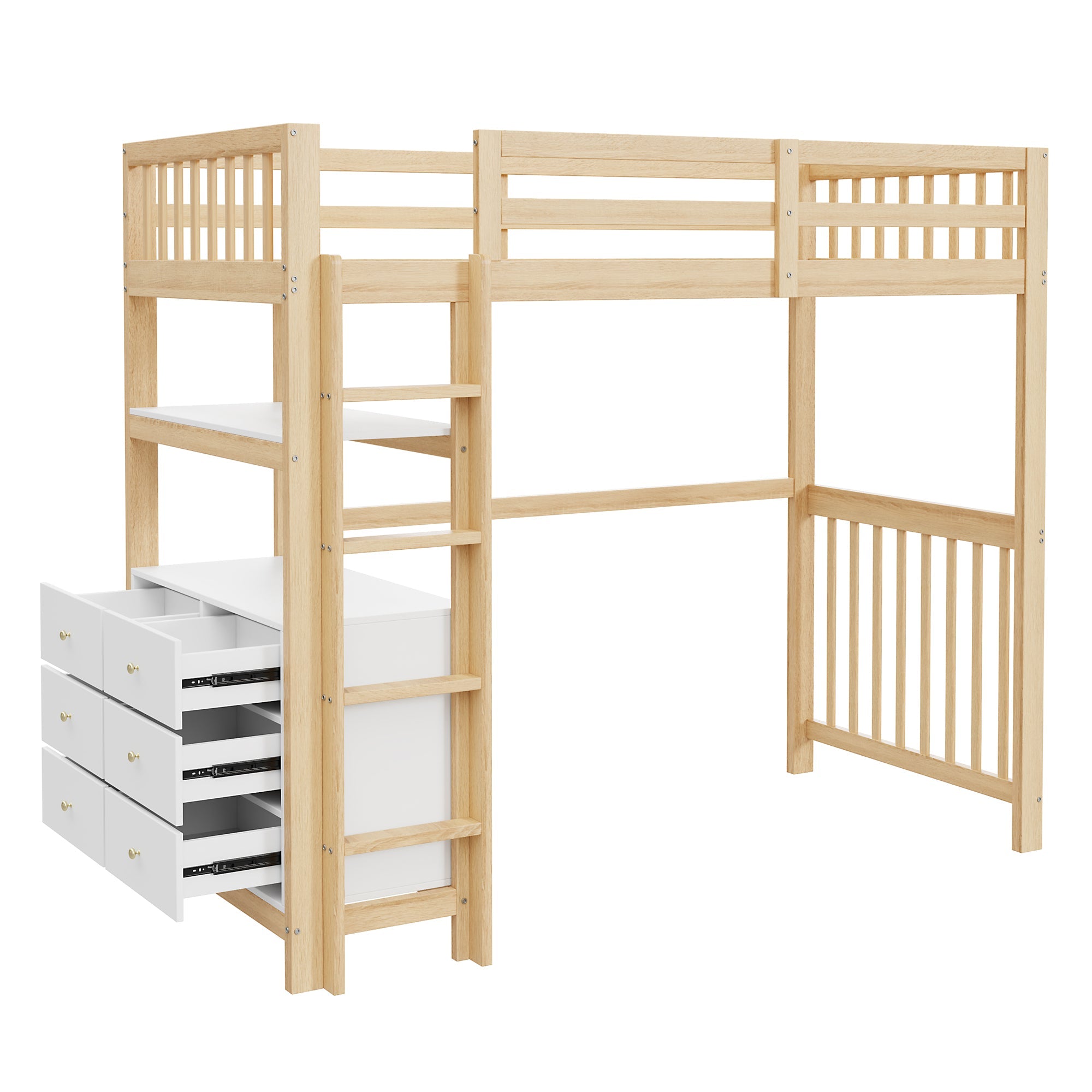 Loft Bed 90*200cm with Ladder, Drawers, Shelves, Pinewood, White & Wood