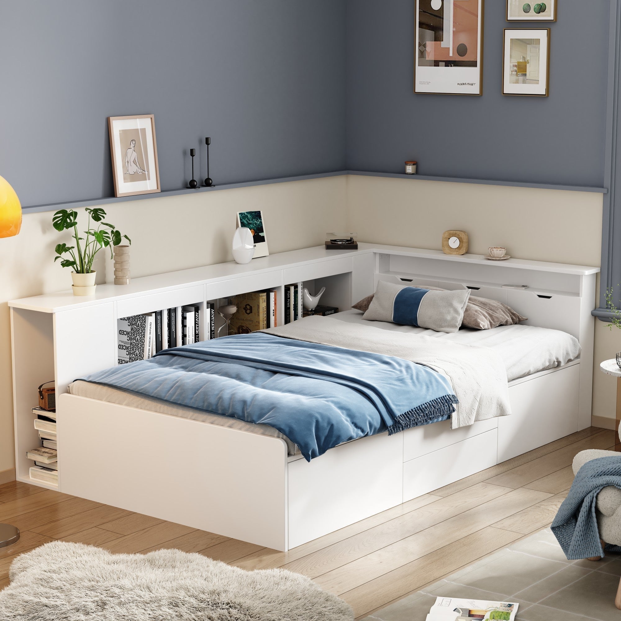 Children's Single Bed 90x200cm Multifunctional Storage Drawers Bookshelf - White