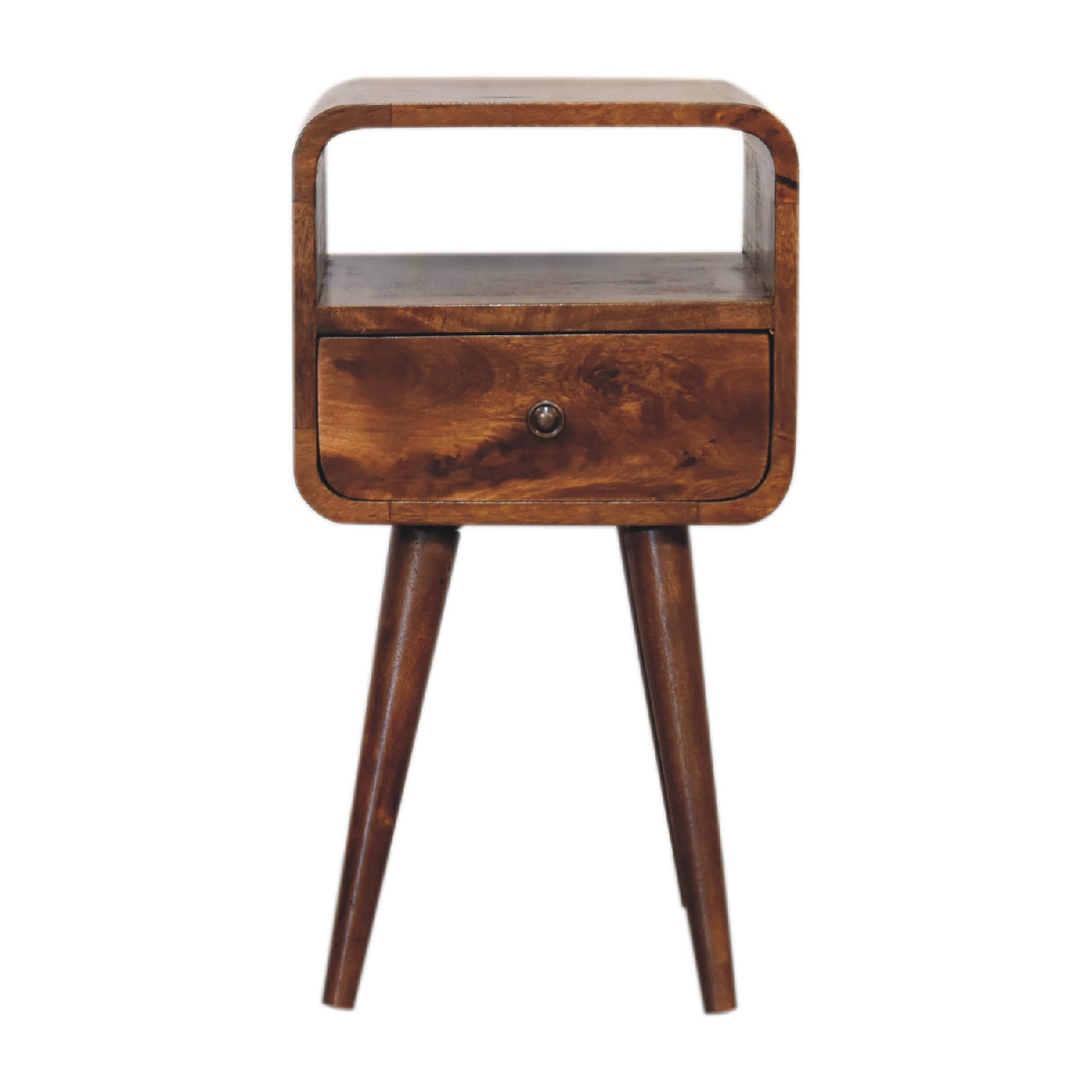 Solid Wood Mini Chestnut Curve Open Bedside with 1 Drawer and Open Shelf, Dark Brown