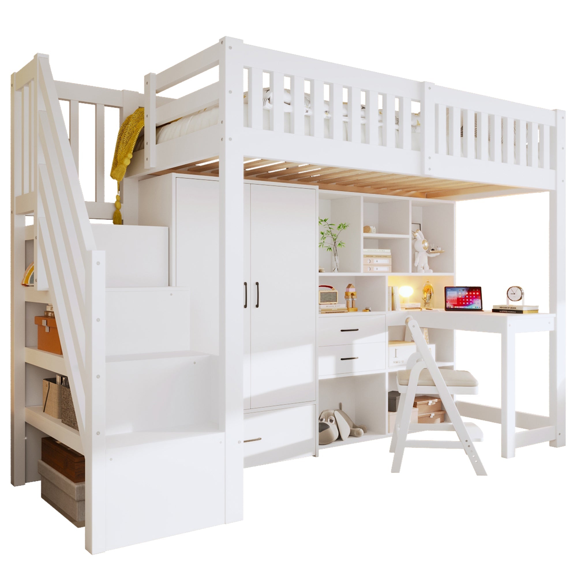 Loft Bed with Wardrobe, Desk and Storage Ladder, White