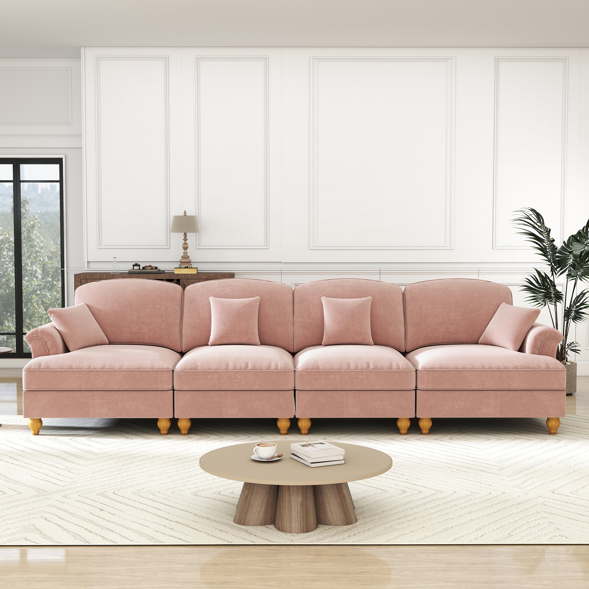 Large 4-Seater Sofa Mid-Century Style Spindle Legs Chenille Pink
