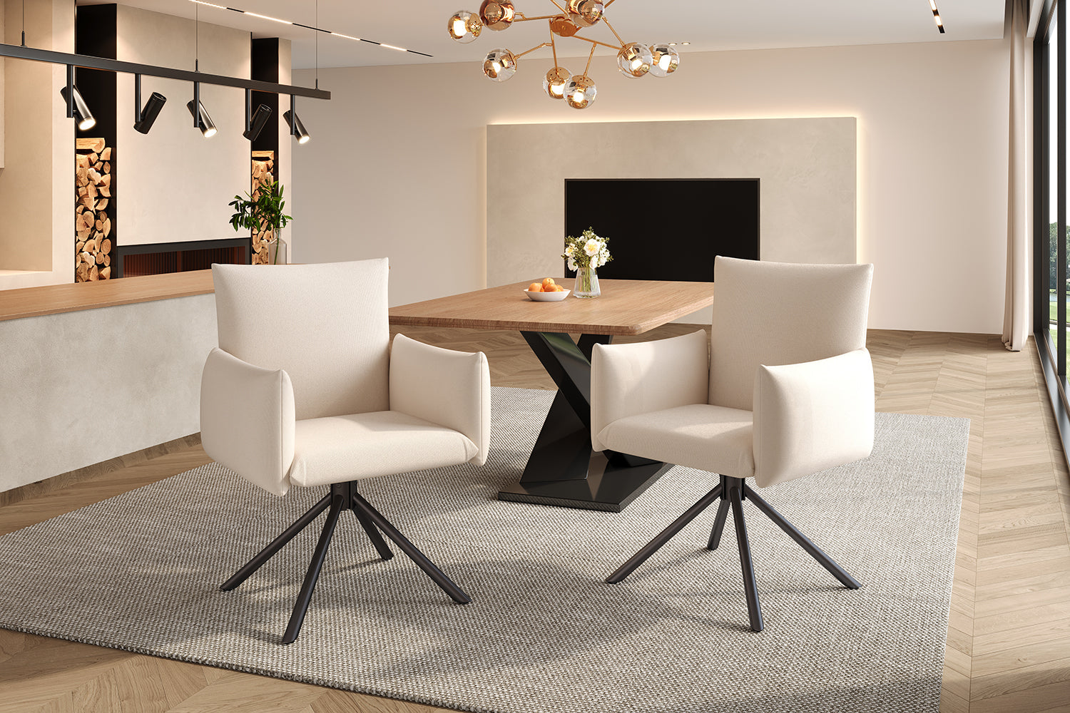 Dining Chairs Set of 6 Upholstered 360° Swivel Lumbar Support - Beige Linen