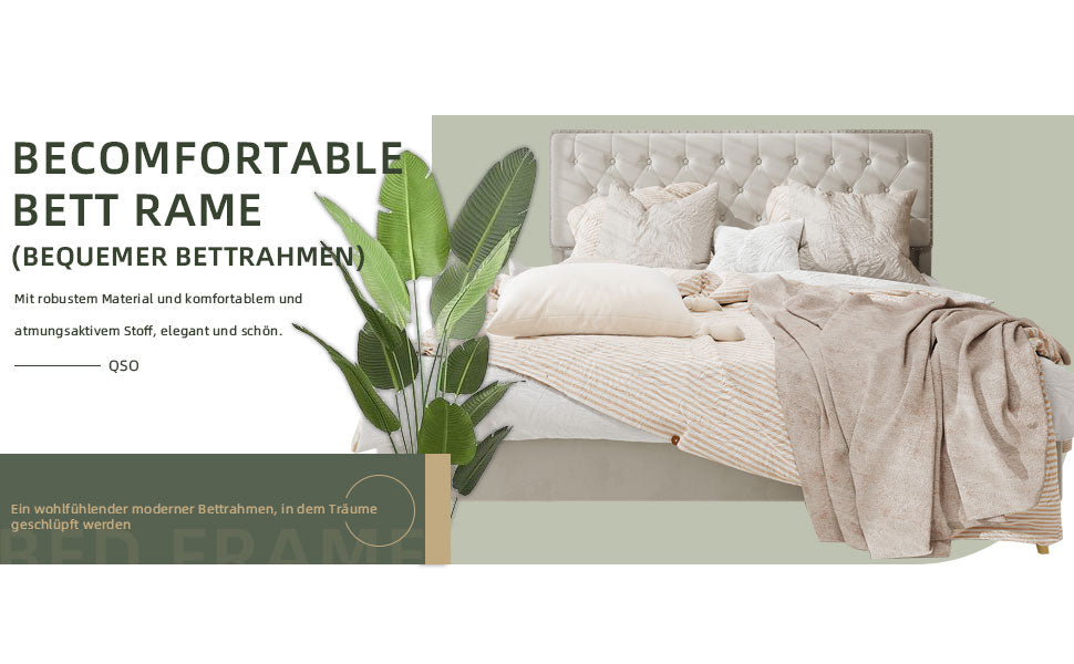 Modern Minimalist Soft Bed, Comfortable Headboard, Low Box Frame, 140x200CM, Beige