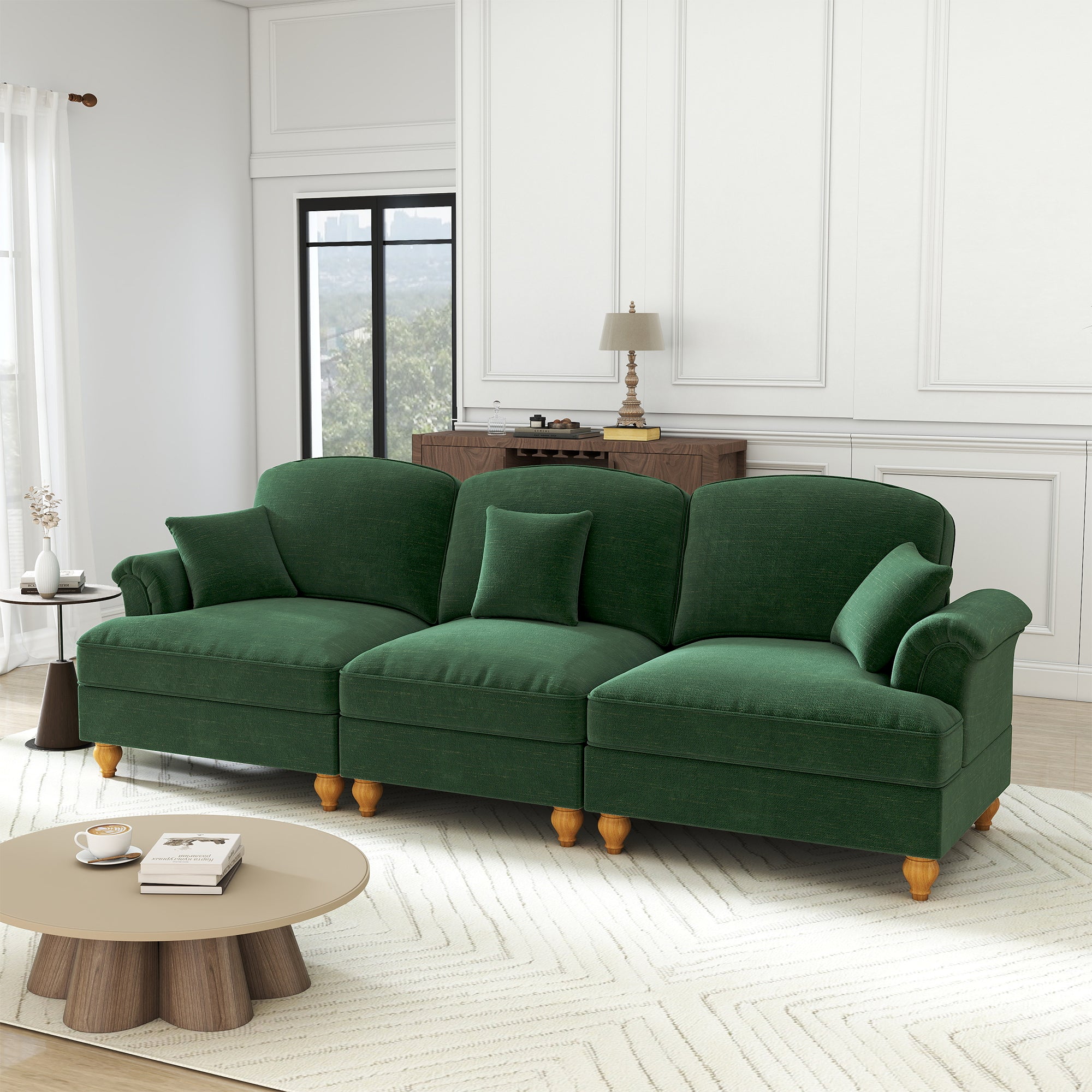 3-Seater Sofa Mid-Century Chenille Ruffled Apron Spindle Legs - Green