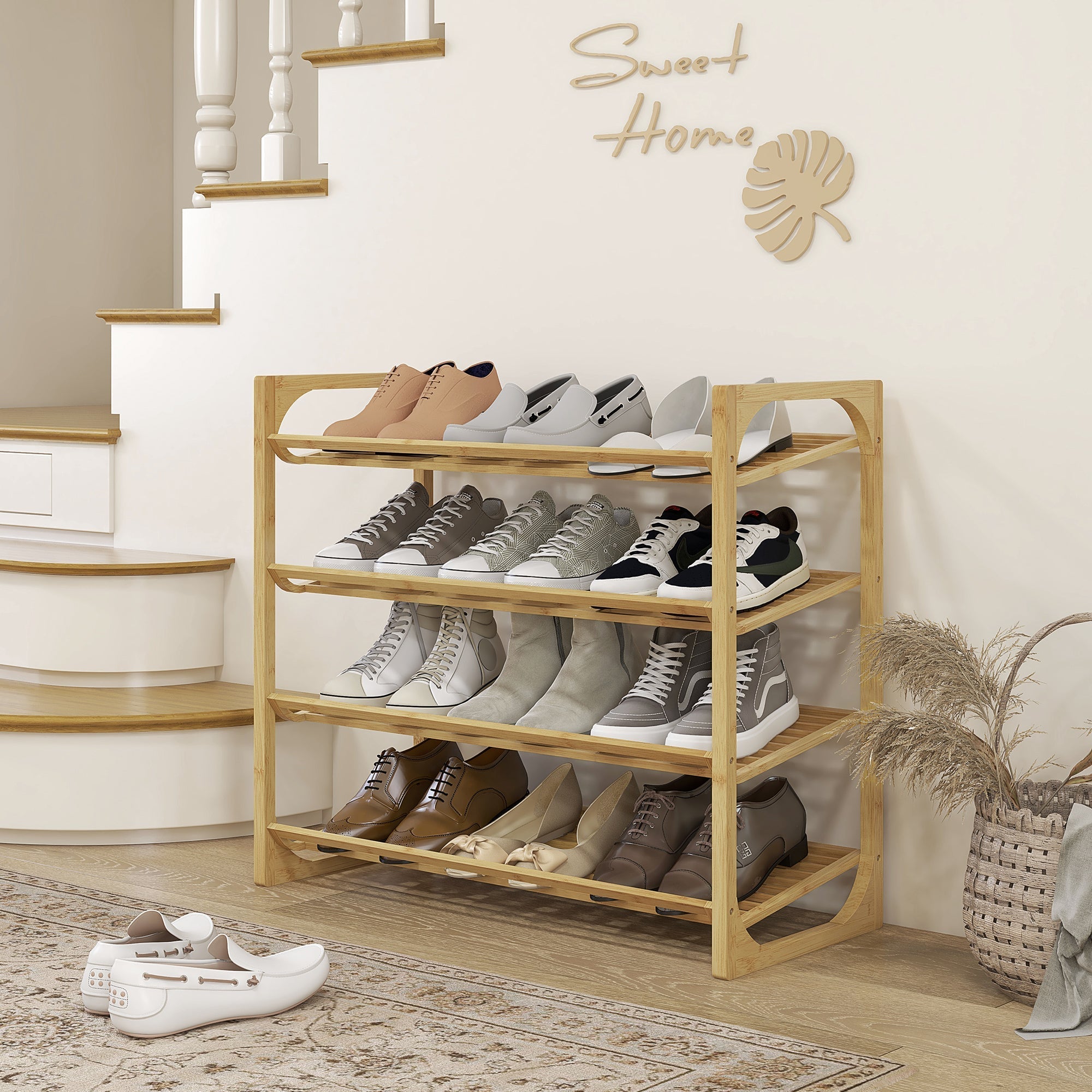 Schuhregal, 4 Ebenen, 12 Paar, Bambus Natur