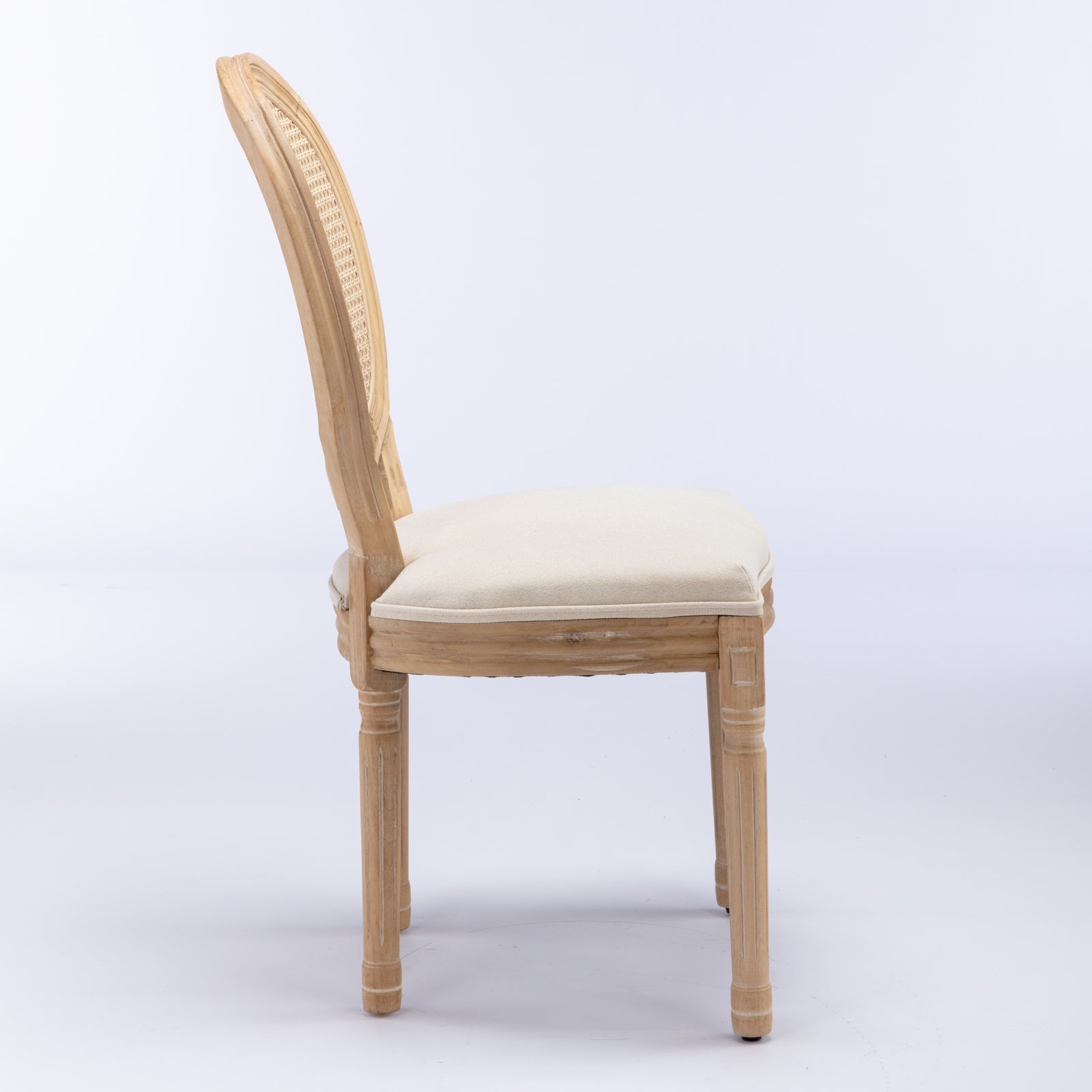 French Style Dining Chair Solid Wood Rattan Back Linen Set of 2 - Cream Beige