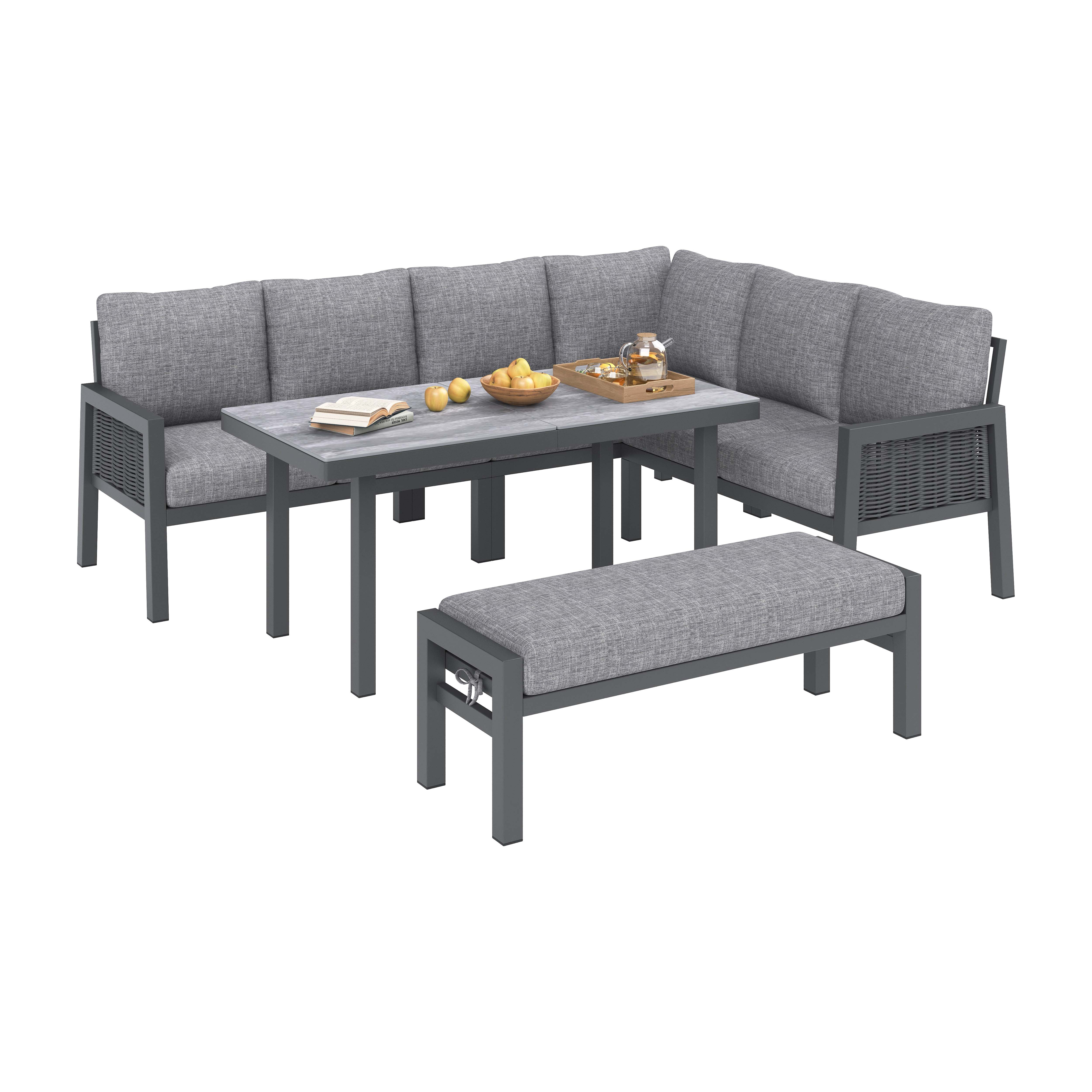 Garden Dining Set, 8 Person Corner Furniture with Glass Table and Benches, Grey PE Braided Rope
