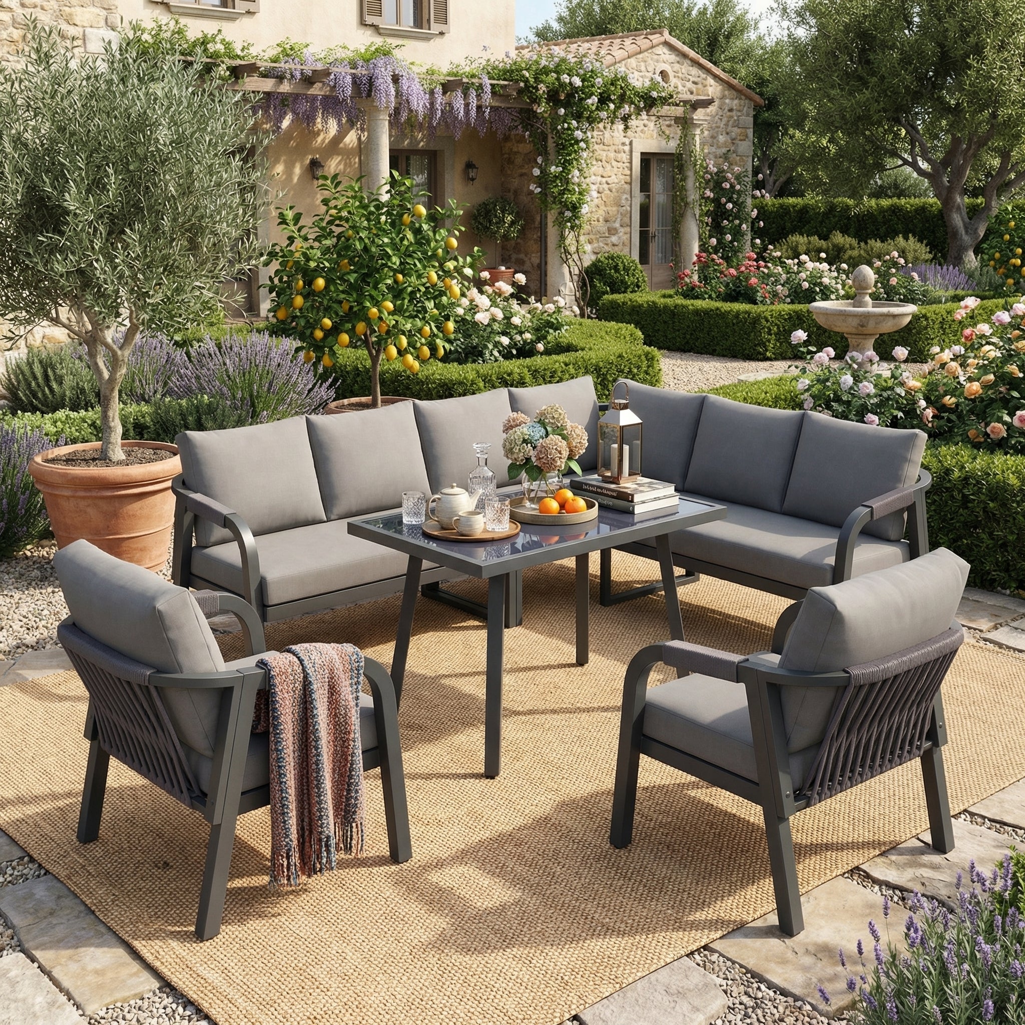 Garden Dining Set with Corner Sofa, Table and Two Armchairs, Seats up to 8, Grey Steel