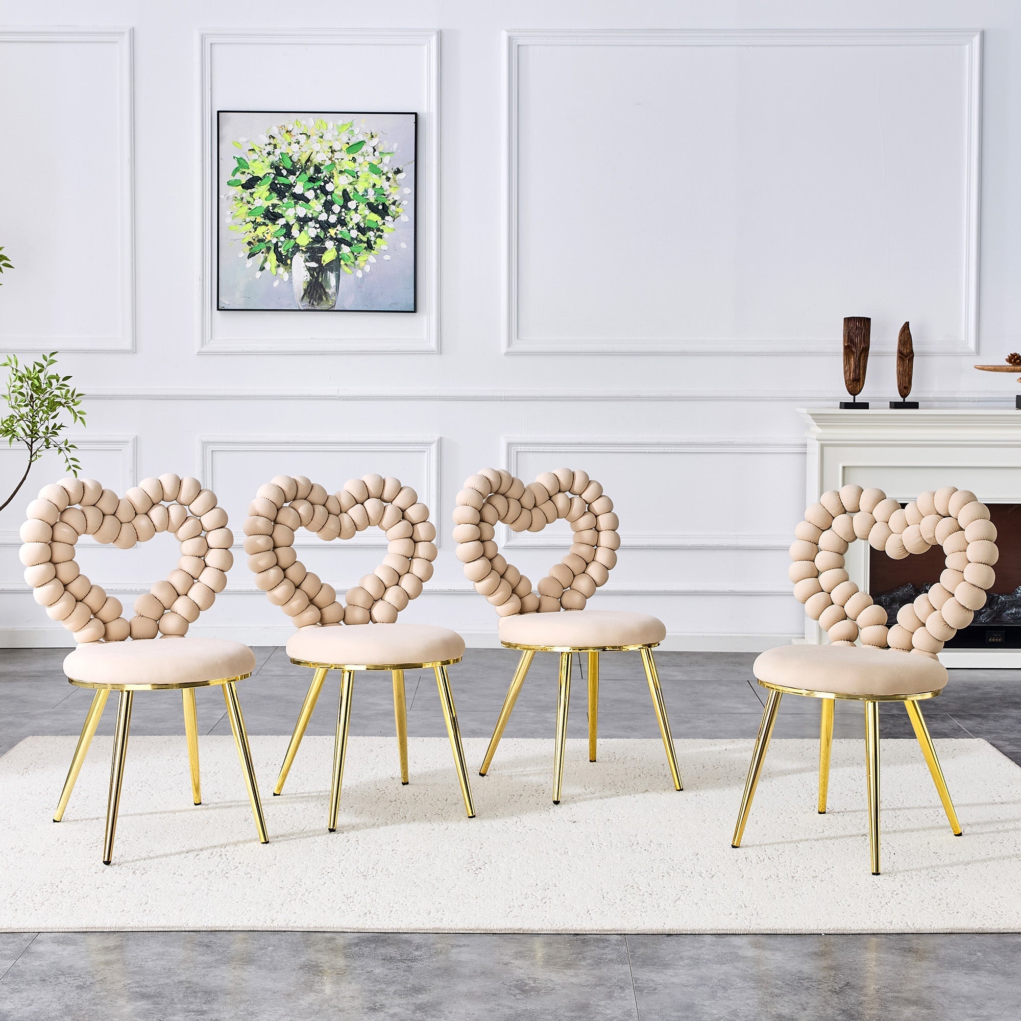 Dining Chairs (Set of 2) Heart Cutout Backrest Gold Metal Legs - Light Beige Velvet