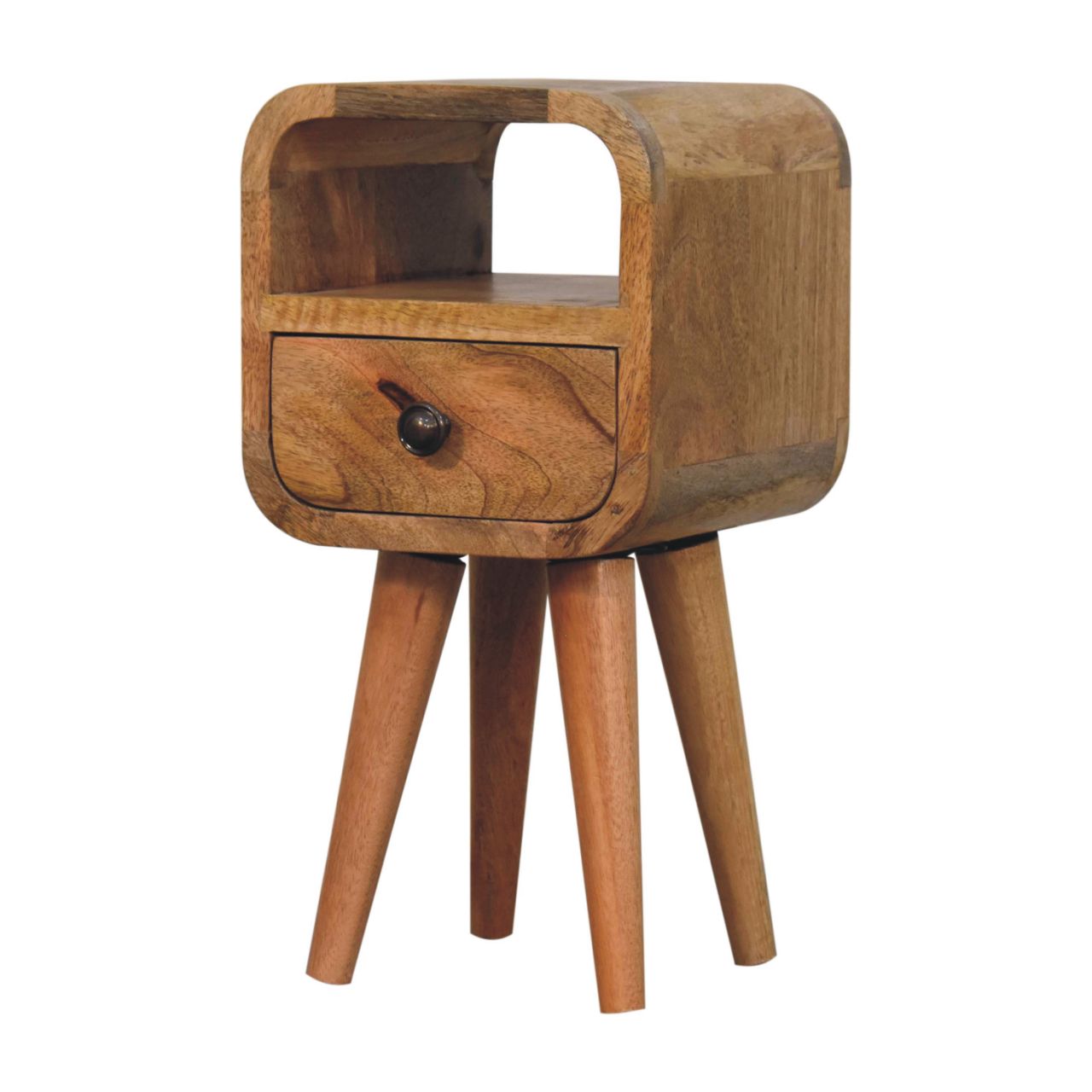 Solid Wood Bedside, Extra Mini Curved 1 Drawer Open Slot, Oak-ish Brown
