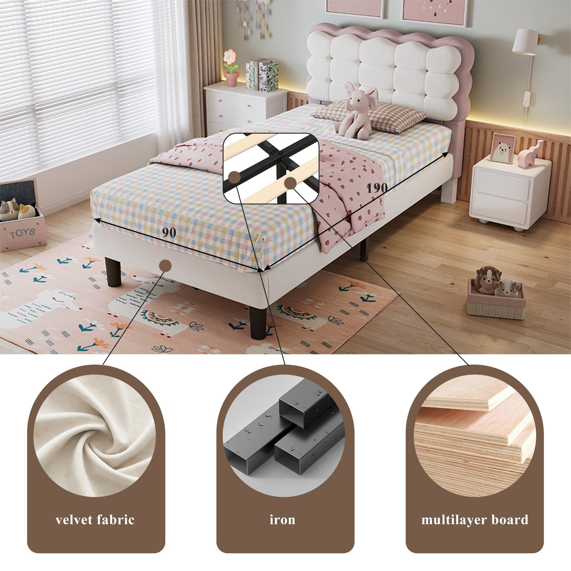 Upholstered Bed, Children's 3ft Single Biscuit Velvet Backrest, Beige+Pink