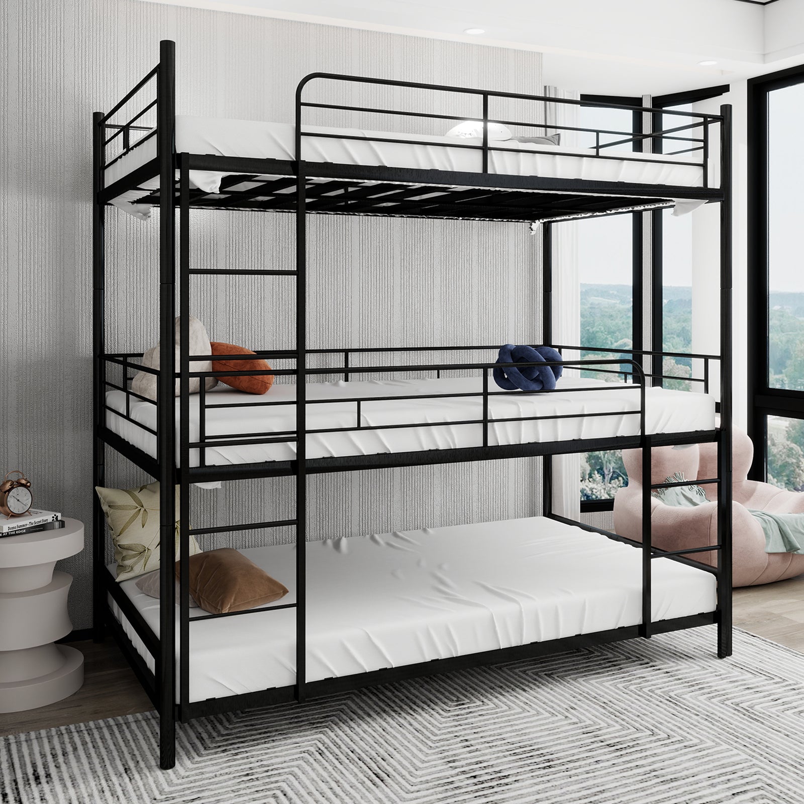 Triple Frame Bed, Heavy-Duty with Ladder & Railing, Easy Assembly, Metal
