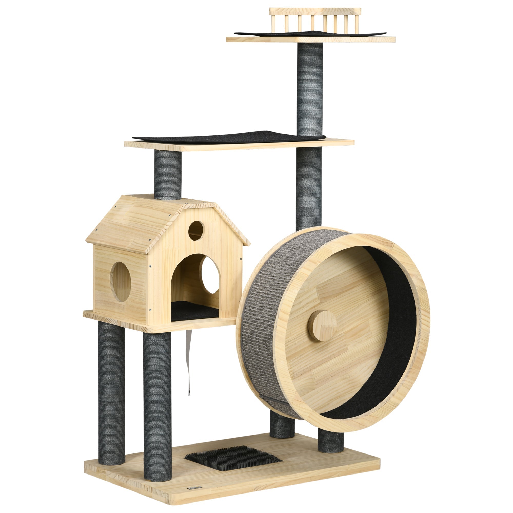 Cat Tree with Exercise Wheel 4 Levels Sisal Posts, Pine Wood