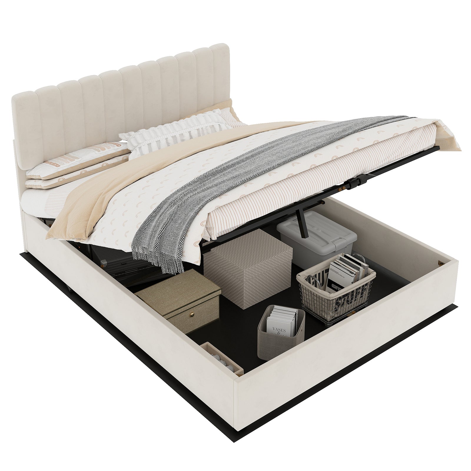 Upholstered Bed 140x200cm Gas Lift Storage Soft Headboard - Beige