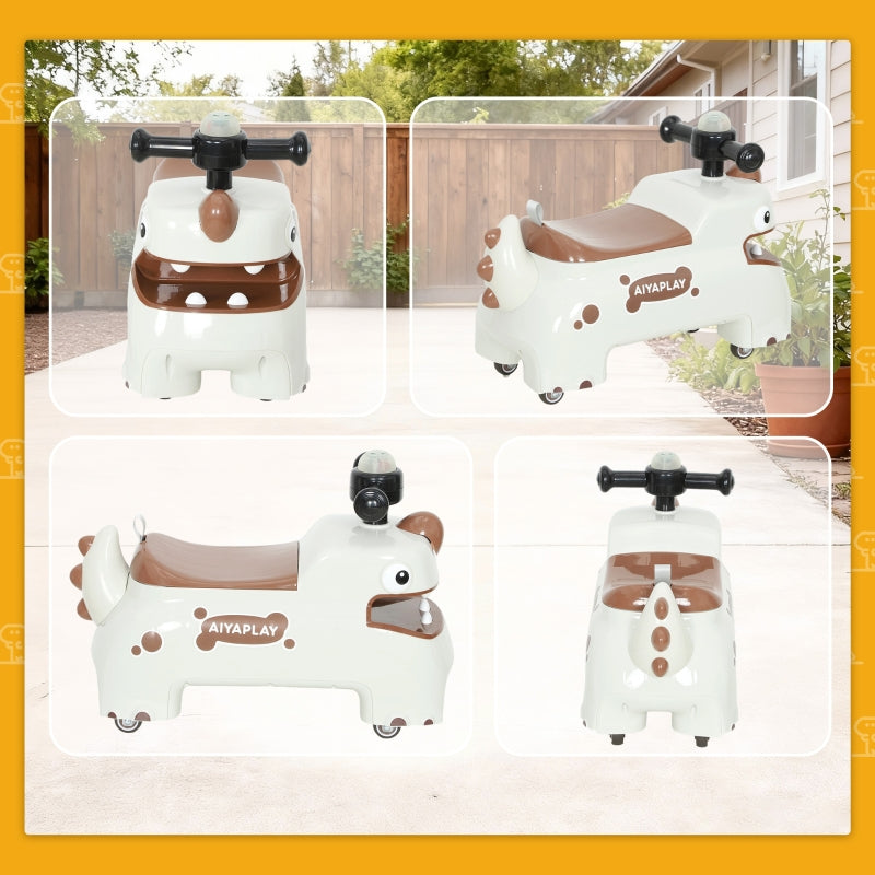 Dinosaur Push Car with Steering Wheel, Lights and Sounds, Cream White and Brown