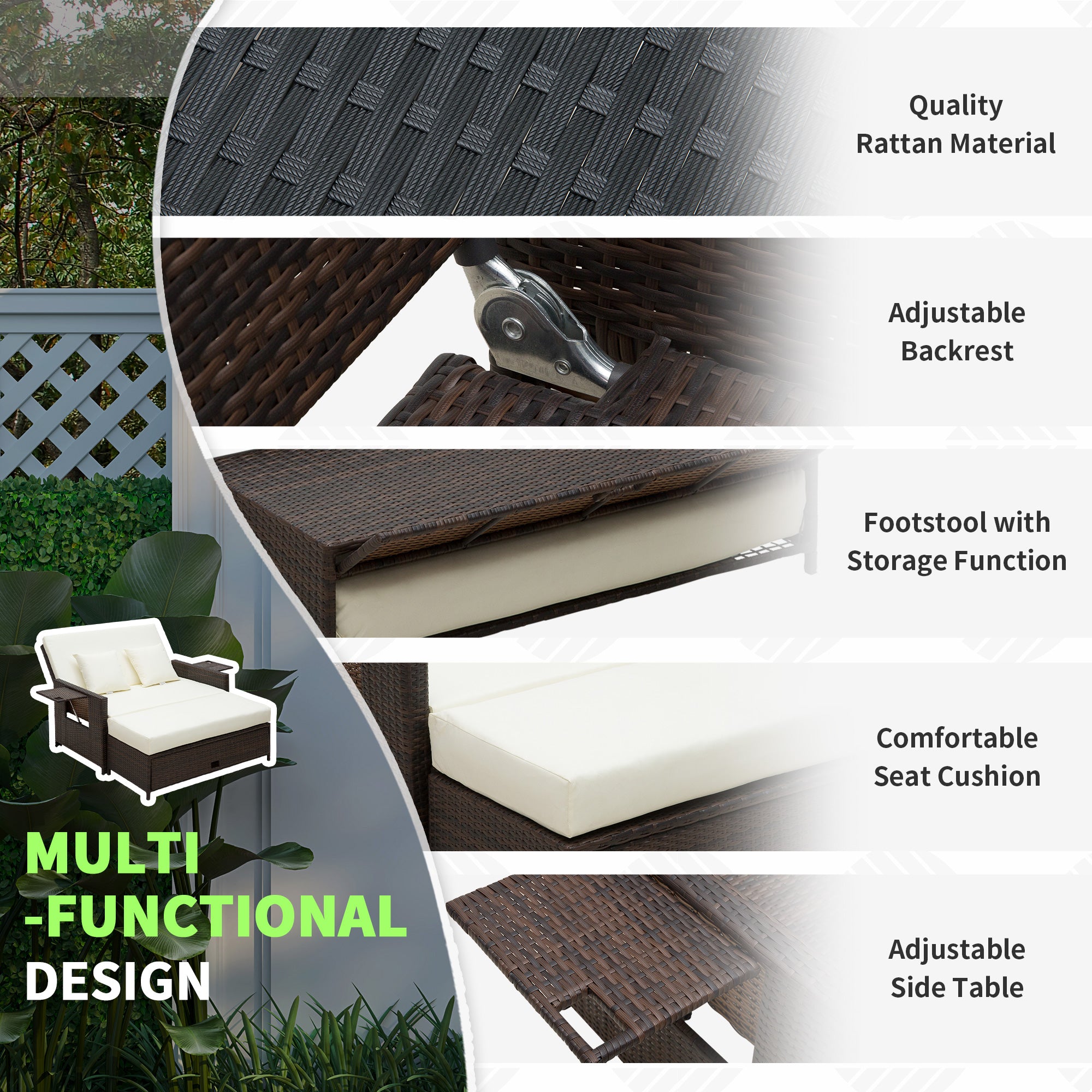 Rattan Sun Lounger 2 Seater Day Bed Brown