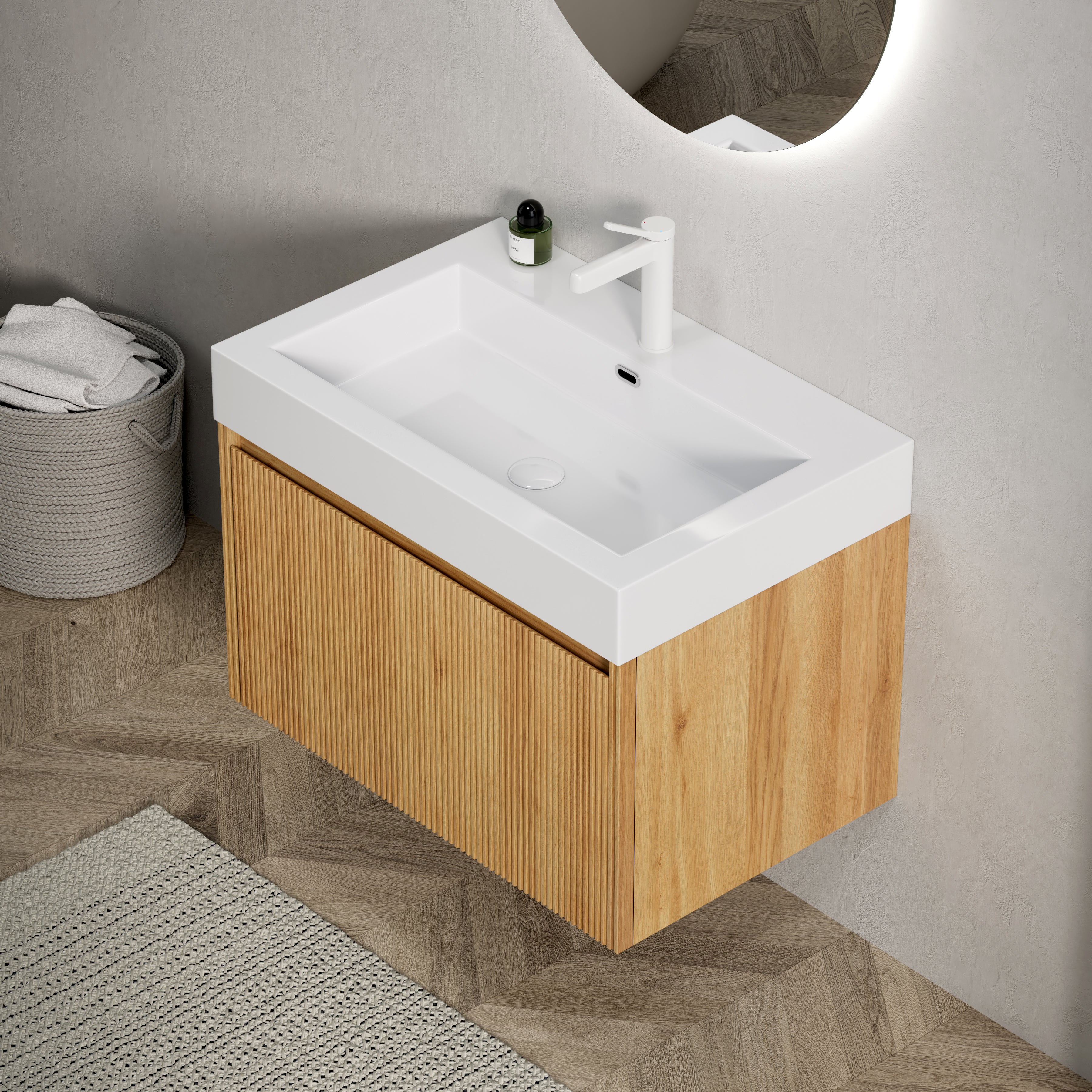 Wall-Mounted Bathroom Vanity Unit with Integrated Basin and Single Drawer, Natural Wood Grain Plywood