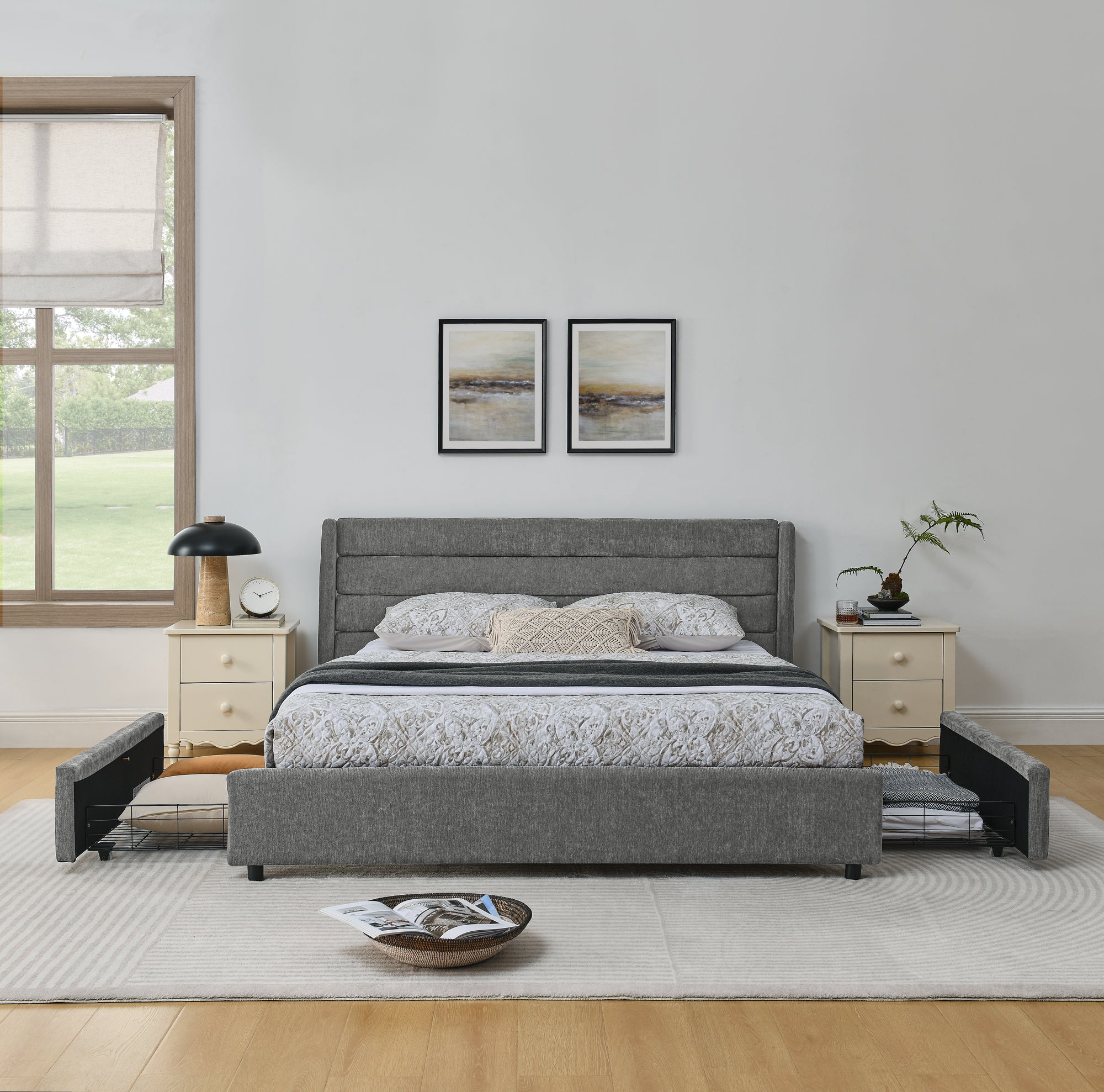 Double Bed 160x200cm with 4 Large Storage Drawers, Dark Grey Chenille