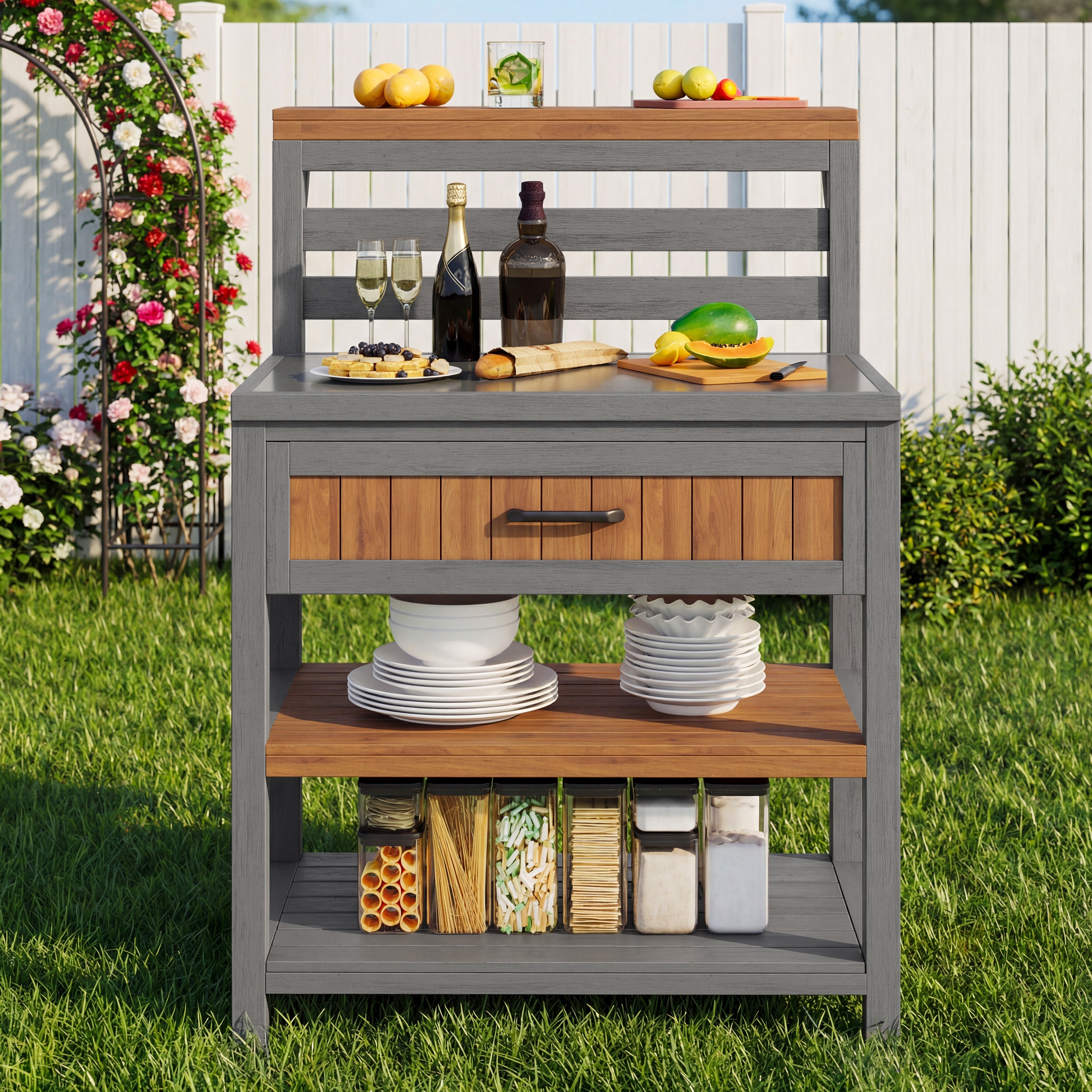 Outdoor Garden Cabinet with Stainless Steel Worktop and Large Drawer, Weatherproof Wood