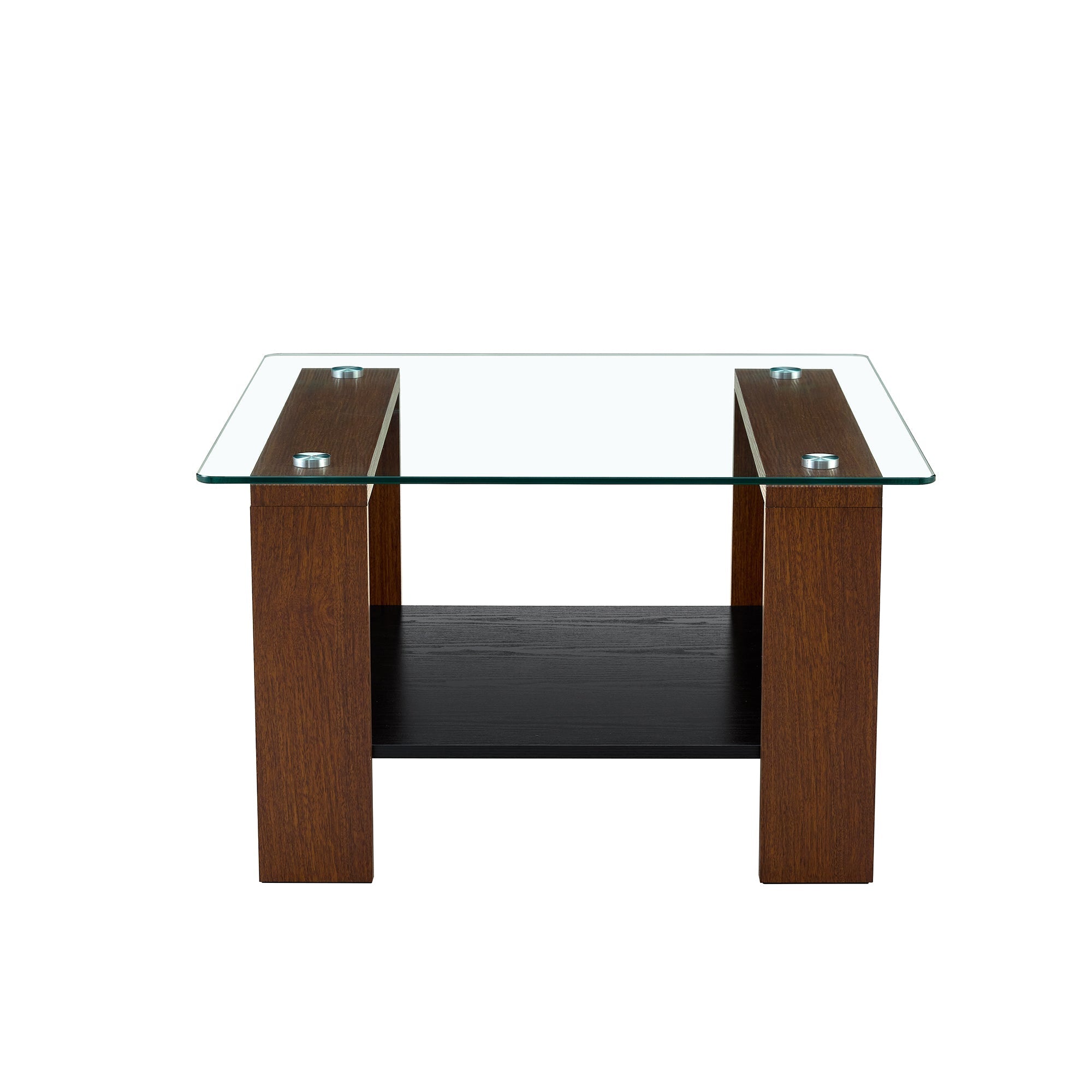 Modern Coffee Table with Storage and Tempered Glass Top, 65x41x45.5cm, Walnut Wood