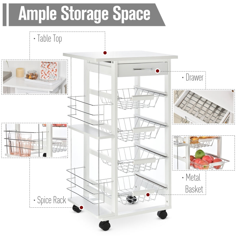 Multi-Use Kitchen Island Trolley, 4 Baskets Drawer Worktop 4 Wheels, White