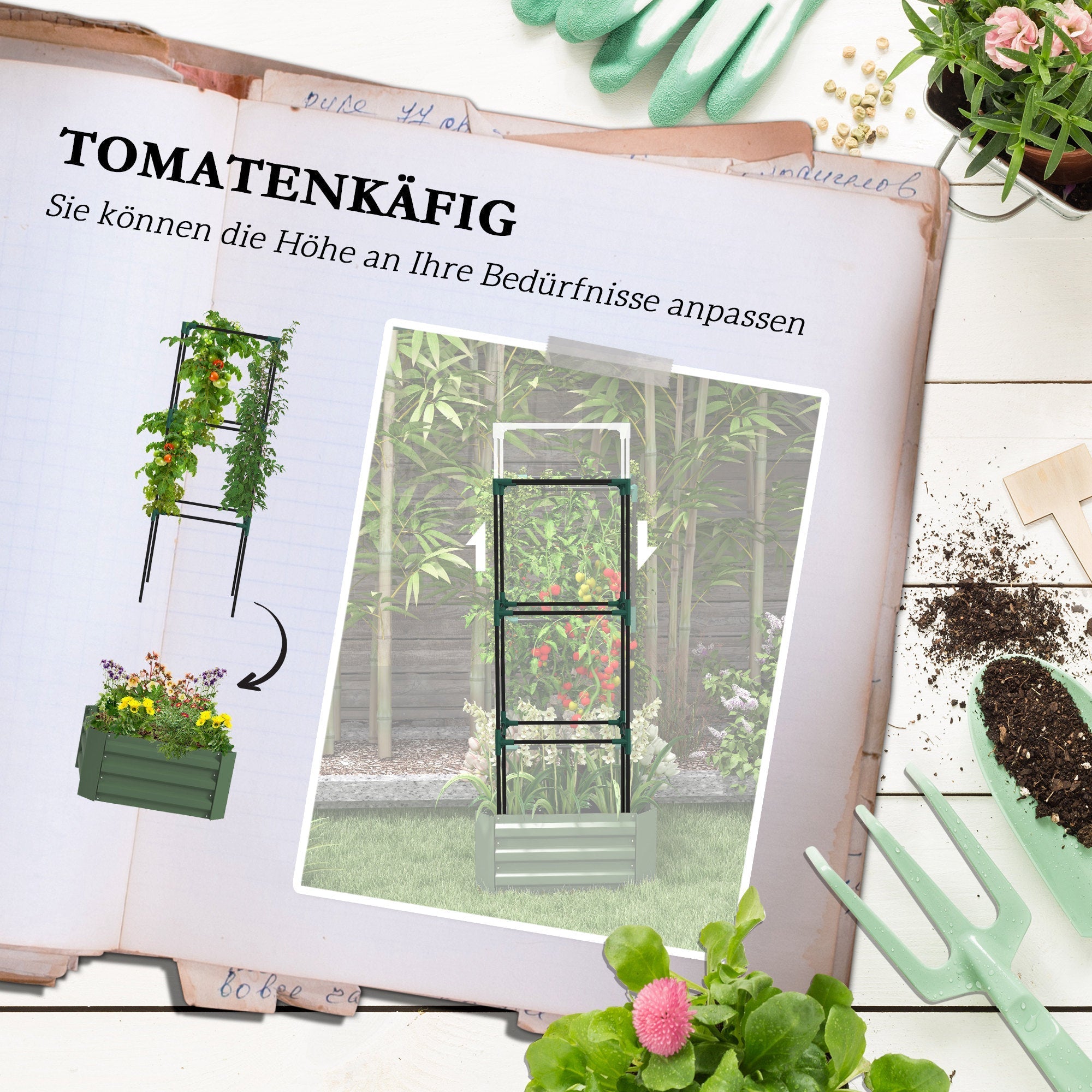 Raised Garden Bed with Trellis Flower & Vegetable Planter, Galvanized Steel, Green