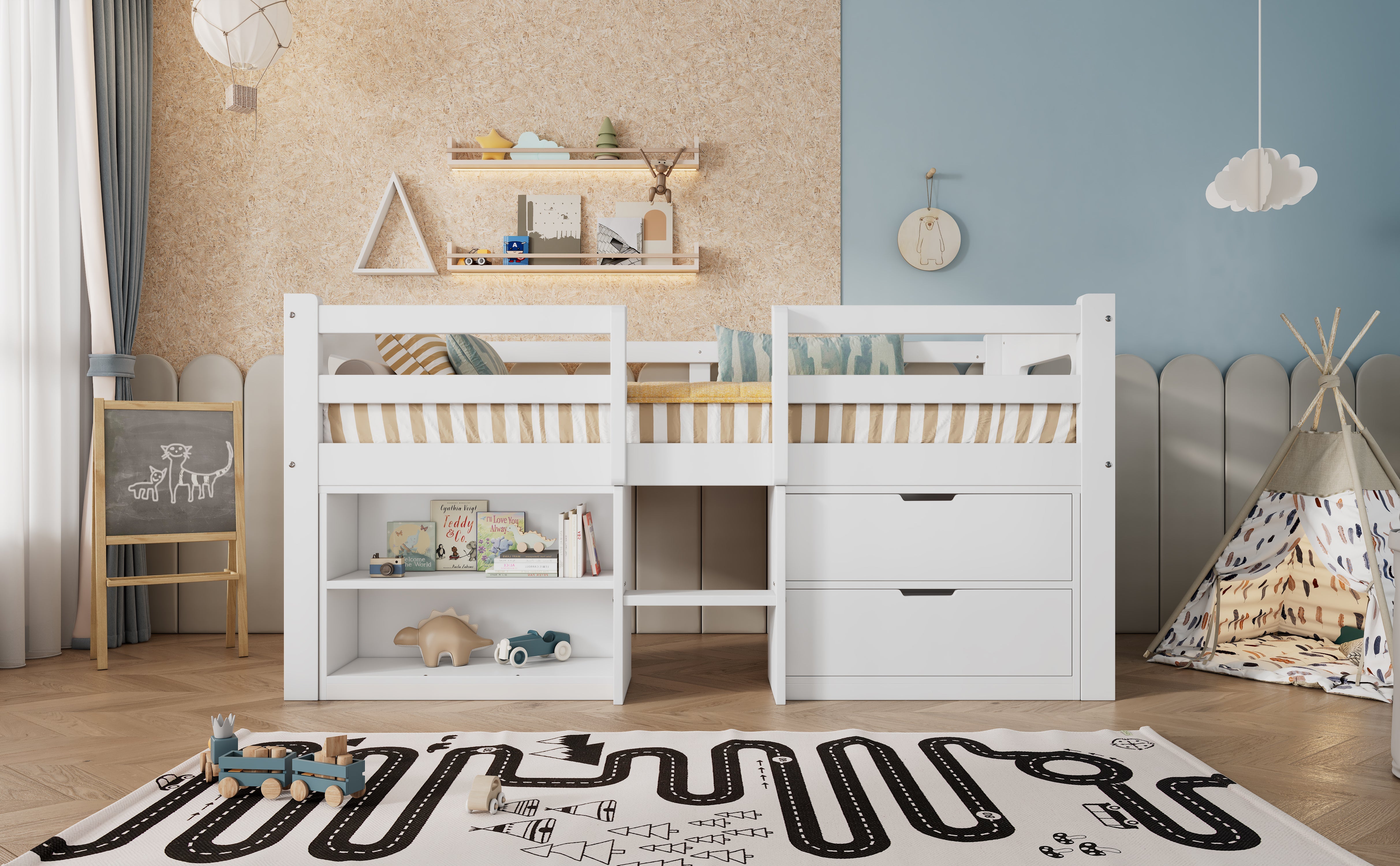 Wooden Storage Bed, 3ft Single with Drawers and Safety Guardrail, White