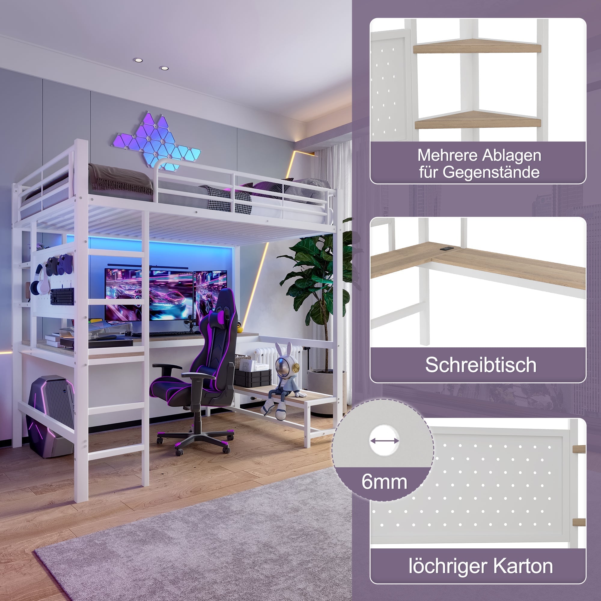 Loft Bed with Desk, USB Sockets, LED Strip and Pegboard, White Metal Frame