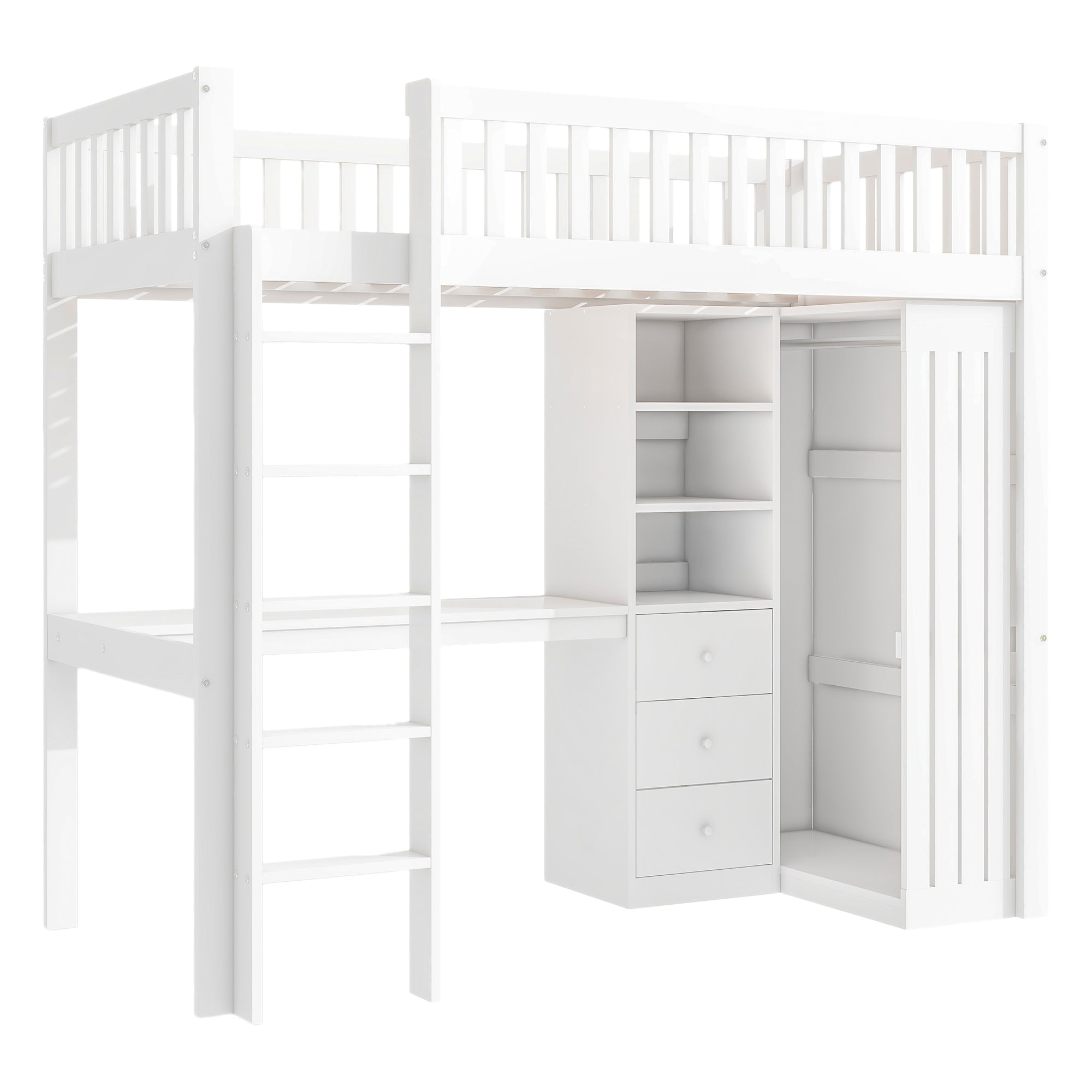 Loft Bed 90x200cm Desk Wardrobe 3 Drawers Stairs - White