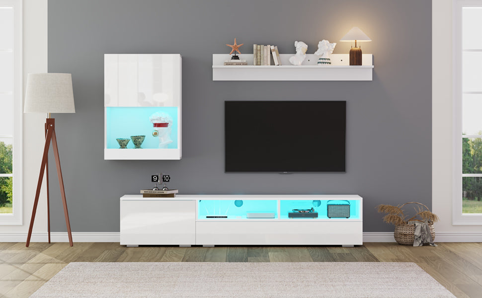 TV Wall Unit Set with Display Cabinet, 3-Piece Media Unit, LED High Gloss, White