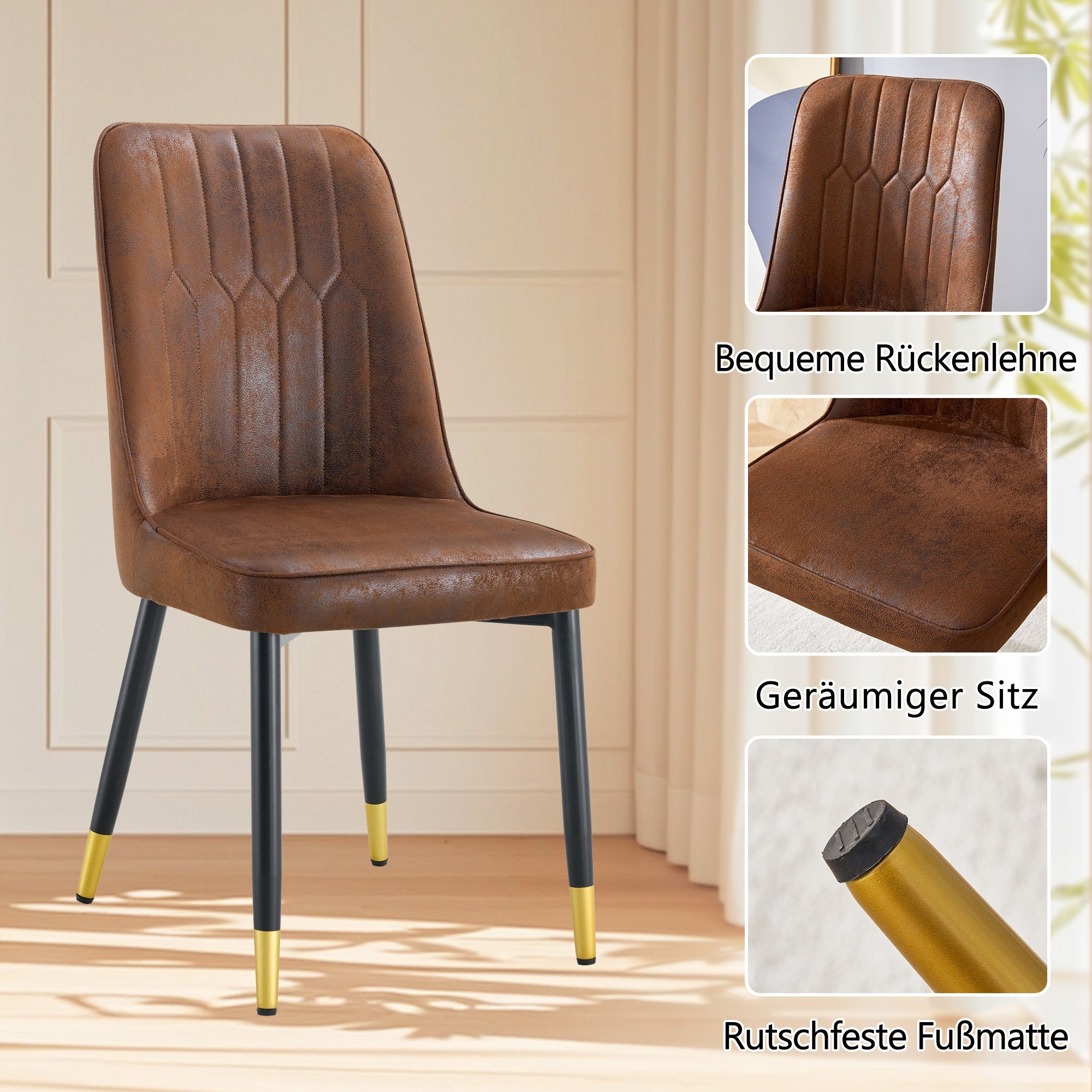 Round Dining Set 100cm 4 Tech Fabric Chairs - Black Wood Look/Brown