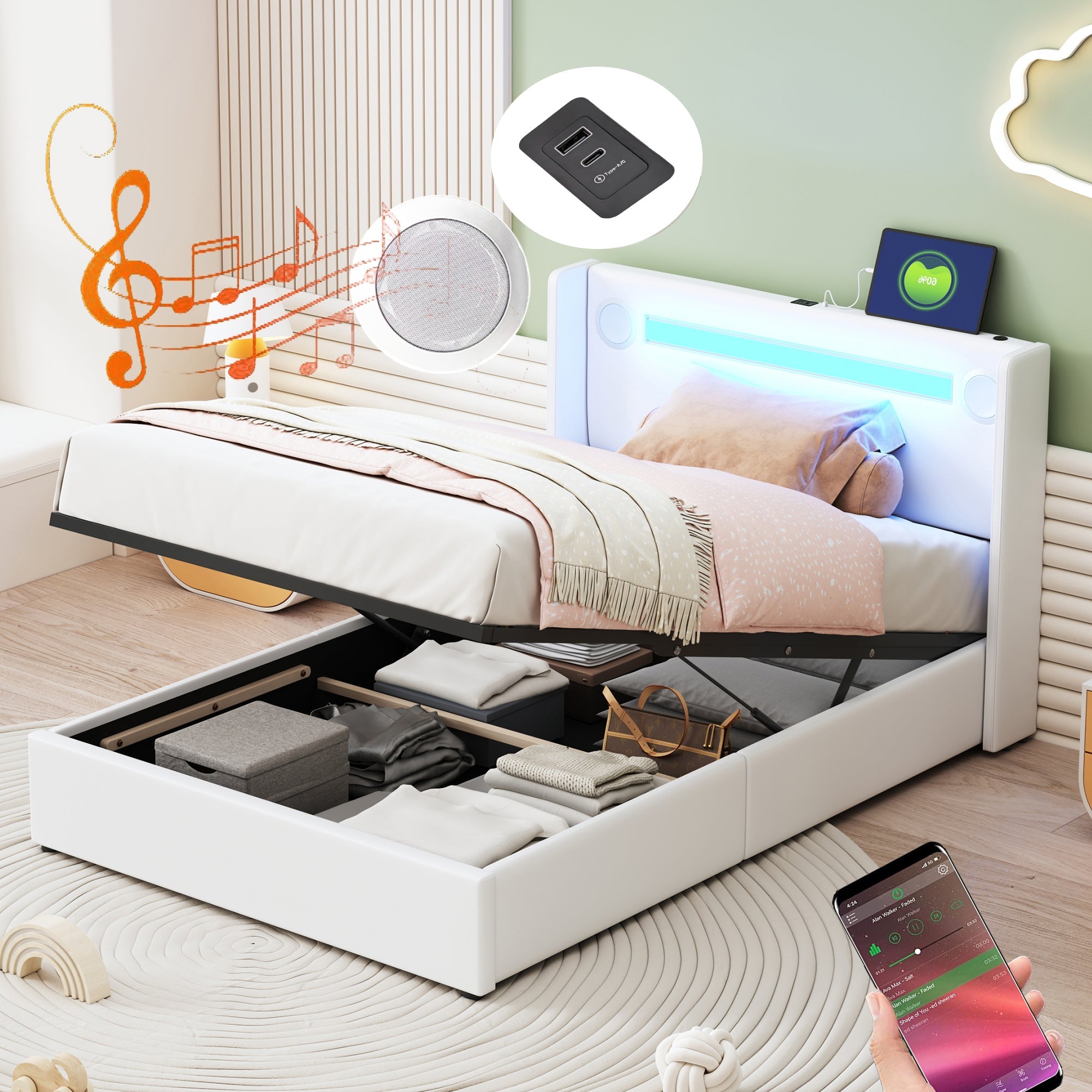 Upholstered Bed with LED Lights, Bluetooth Player, USB Ports and Hydraulic Storage, White PU Leather