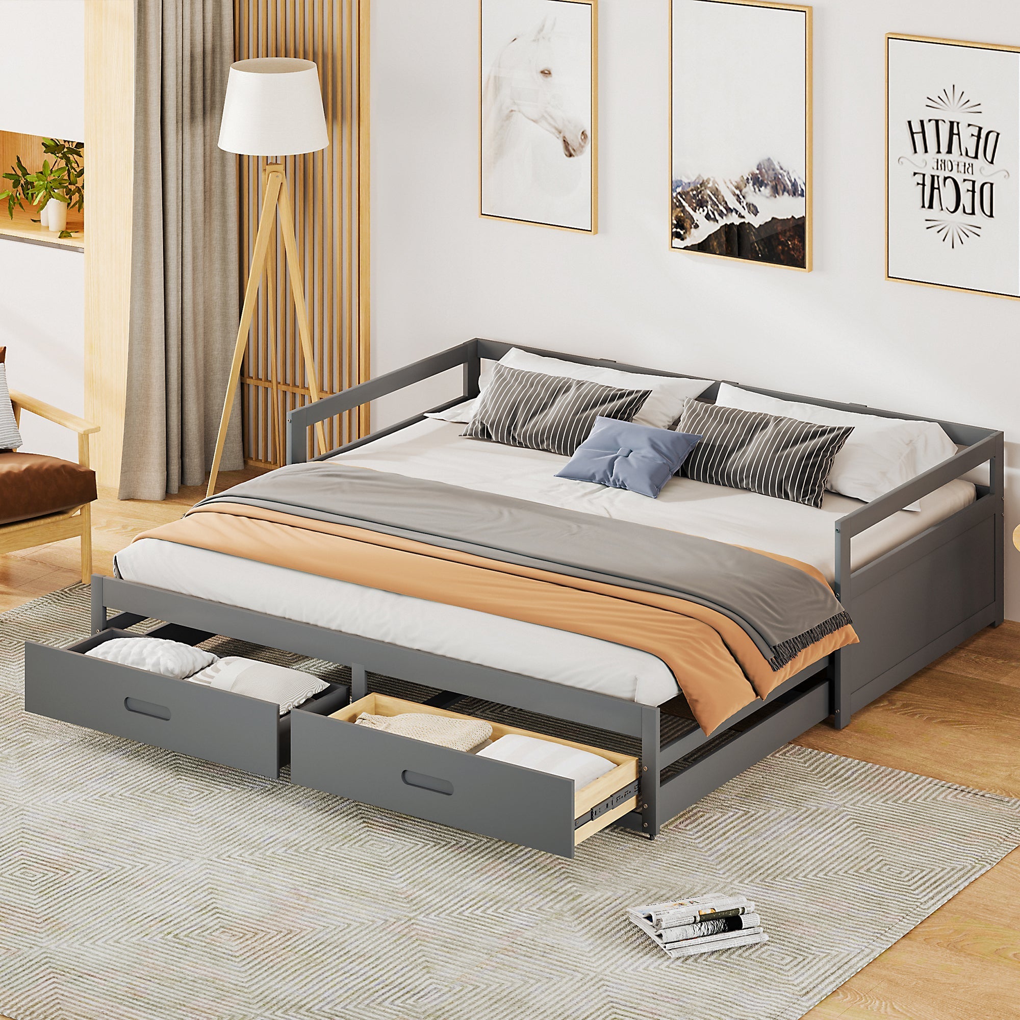 Pull-out Sofa Bed, 90/180*200 cm with Drawers, Pine, Grey