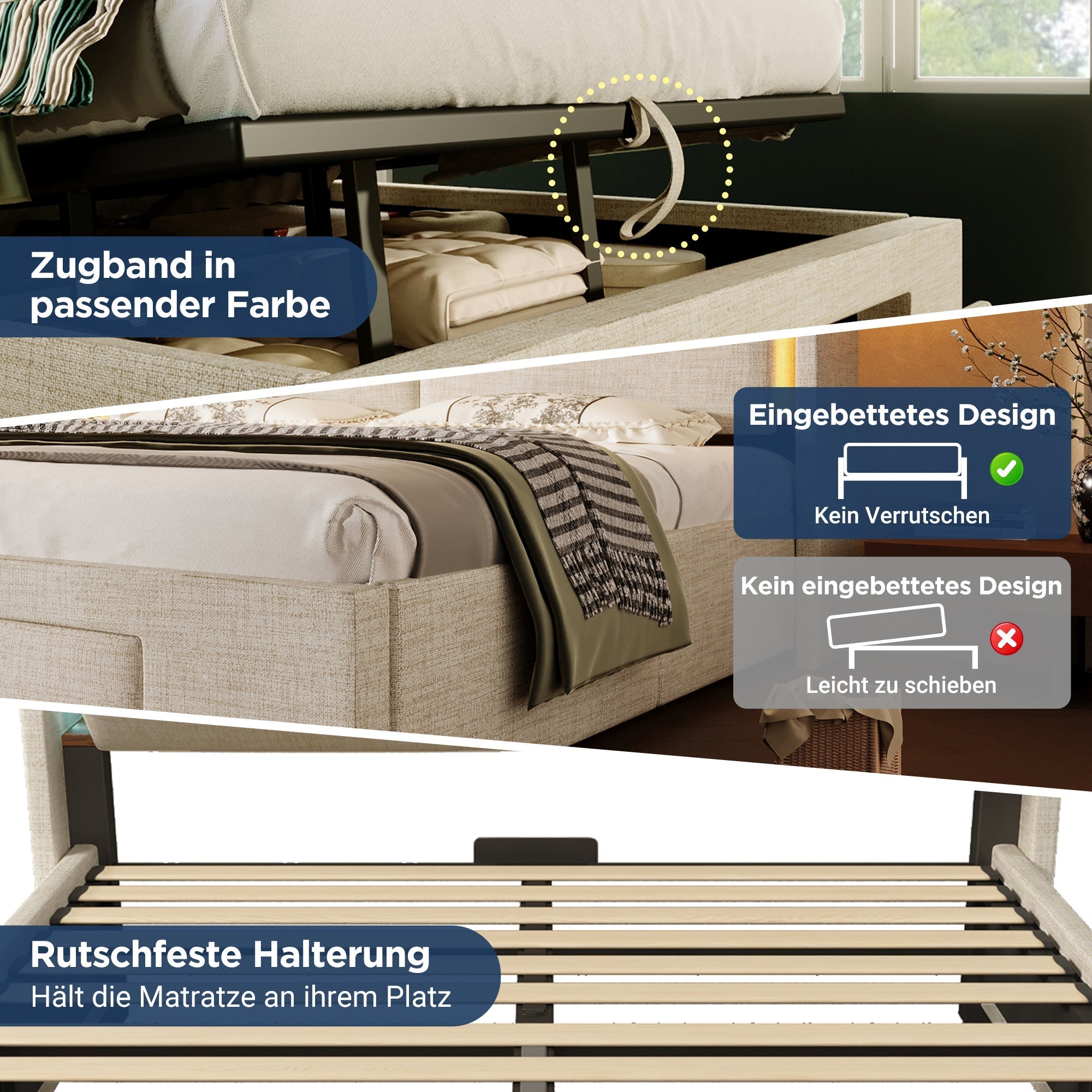 Upholstered Bed 140x200 cm Hydraulic Storage Headboard LED USB/USB-C - Beige Linen
