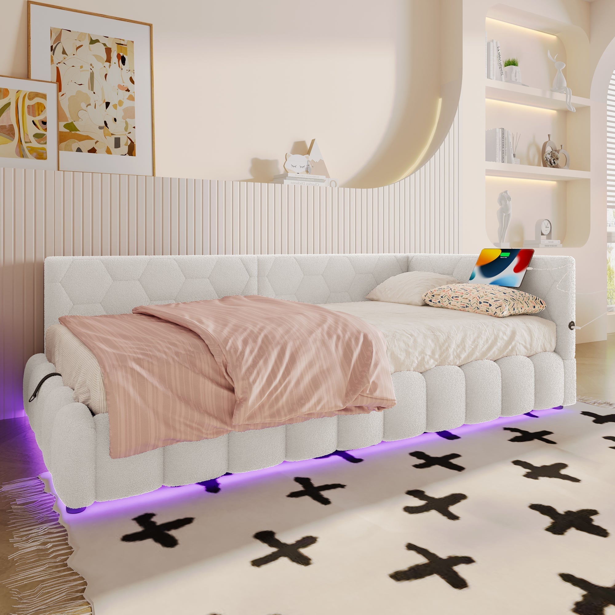 Daybed Sofa Bed 90x200cm Hydraulic Storage LED USB/Type-C - Imitation Fleece White