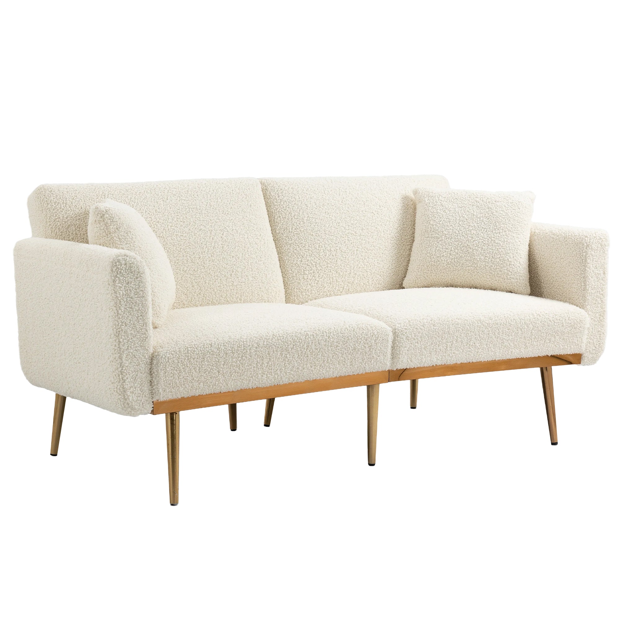 GOMYWAY Modern 2-Seater Sofa 3-Speed Adjustable Backrest Gold Metal Legs White Teddy