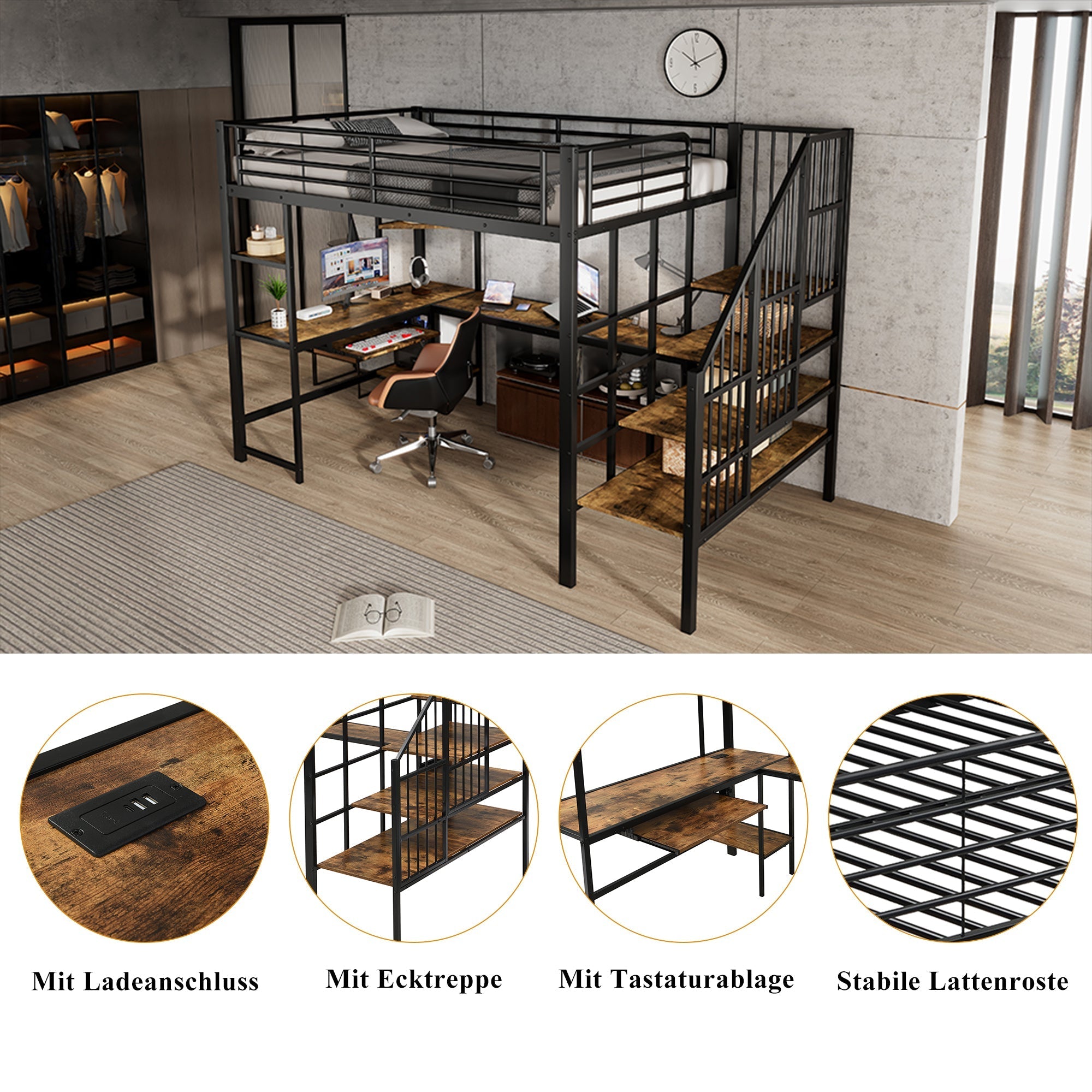 Iron Loft Bed, Charging Port Corner Stairs Desk Storage 120x200cm, Black Iron + MDF