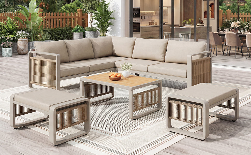Garden Lounge Chair Set for 6-7 People, Weatherproof Corner Sofa and Lounger, Handwoven Rope and Iron, Beige