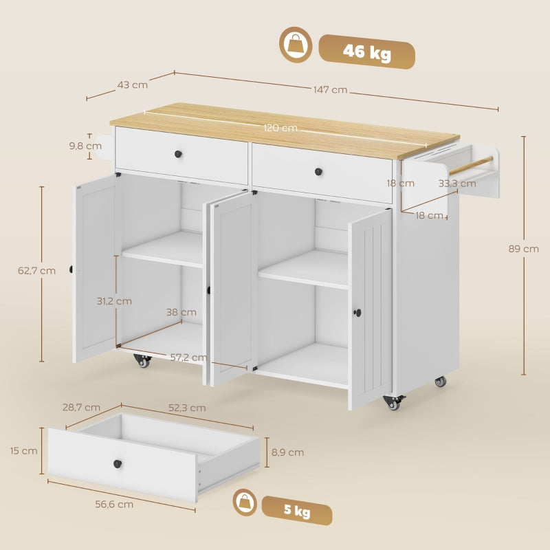 Rolling Kitchen Island 2 Drawers 2 Cabinets Spice Towel Knife Storage - White MDF