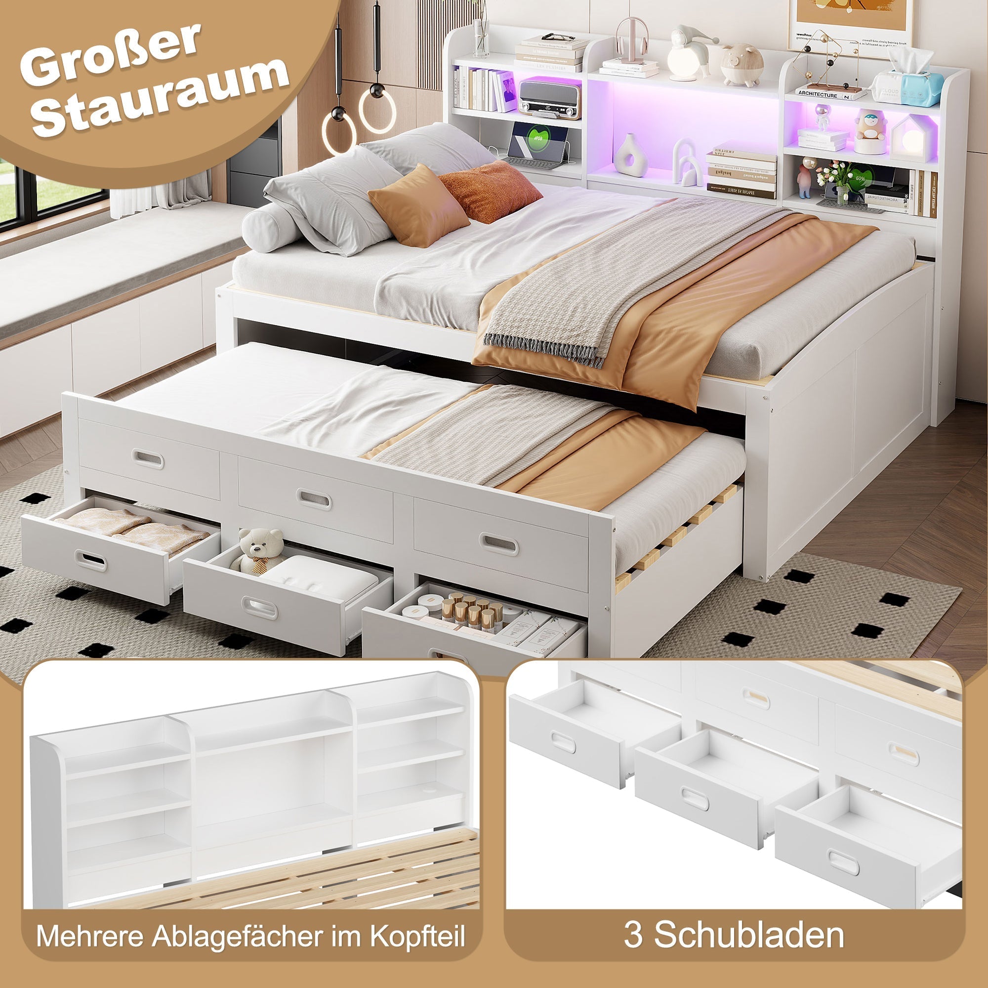 Daybed Sofa Bed 140x200cm Multifunctional Extendable with LED Lights 3 Drawers USB/Type-C White