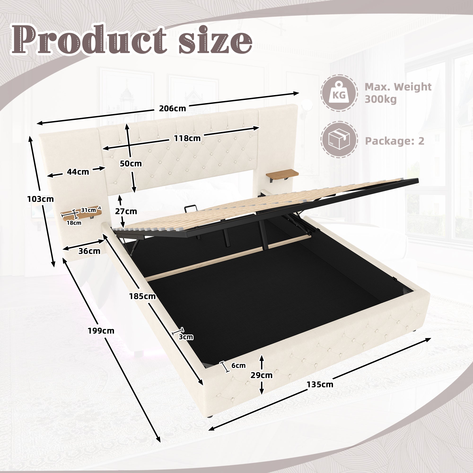 Modern Bed Frame 135x190, Wide Headboard, LED, USB-C Ports, Hydraulic Lift Storage, Beige